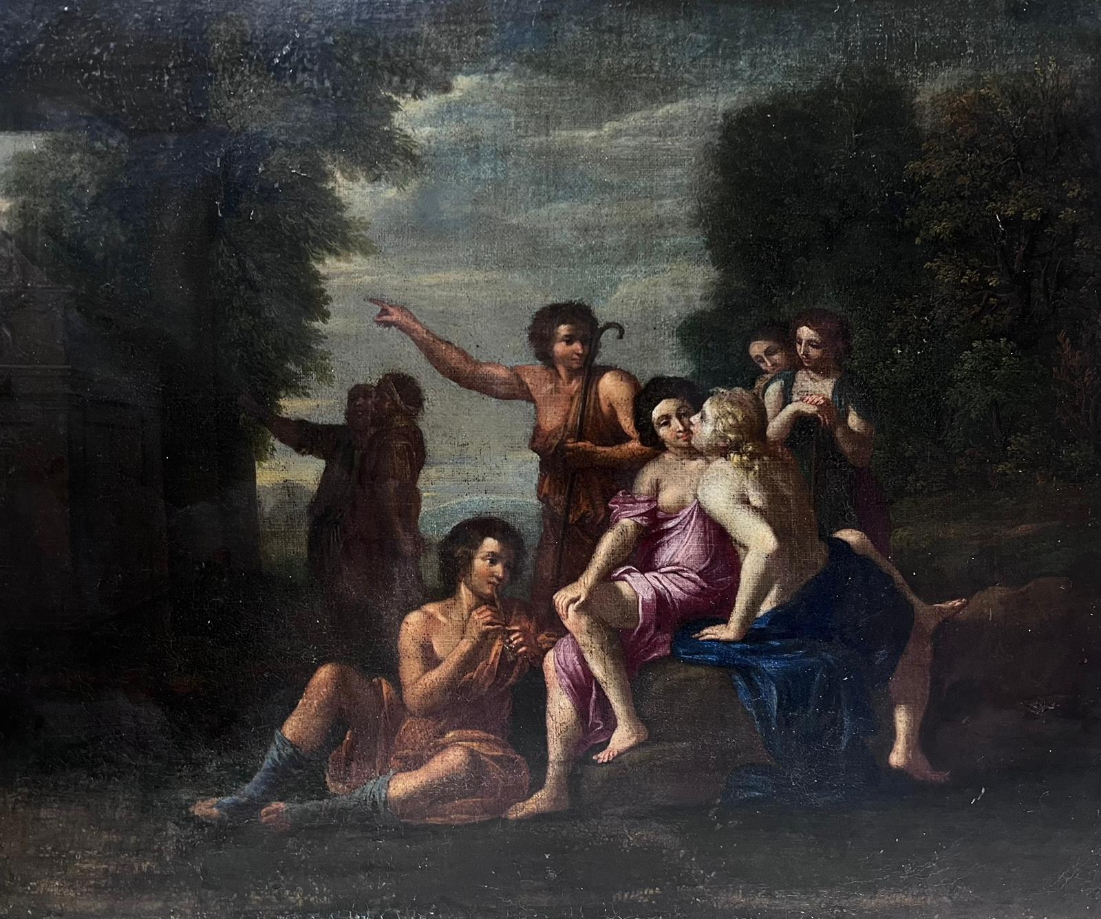 Peinture à l'huile de style Old Master français du 17e siècle Figures semi-nues en robe classique