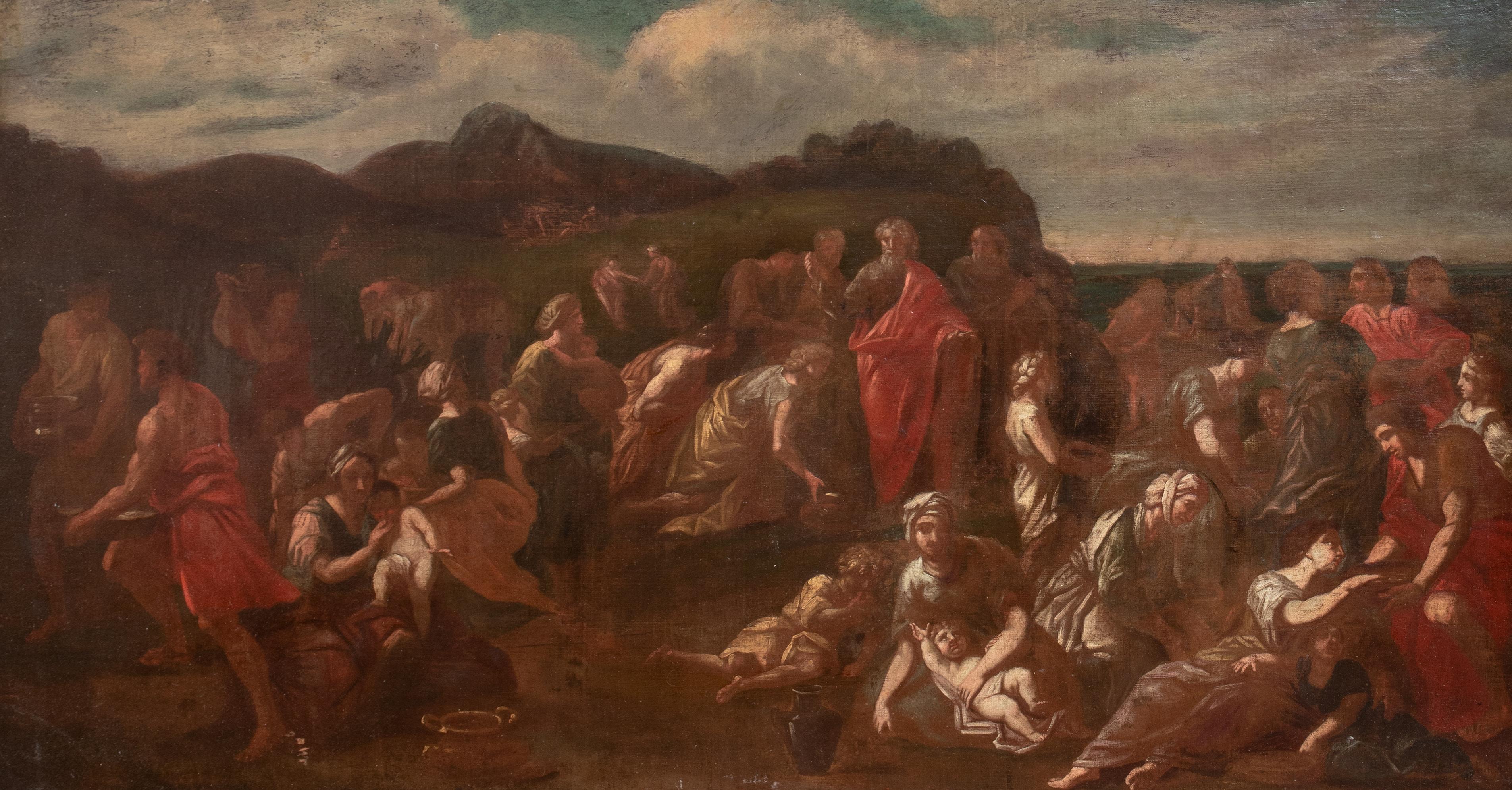Moses & The Israelites Gathering Manna In The Wilderness, 17th Century - Brown Figurative Painting by (Circle of) Nicolas Poussin