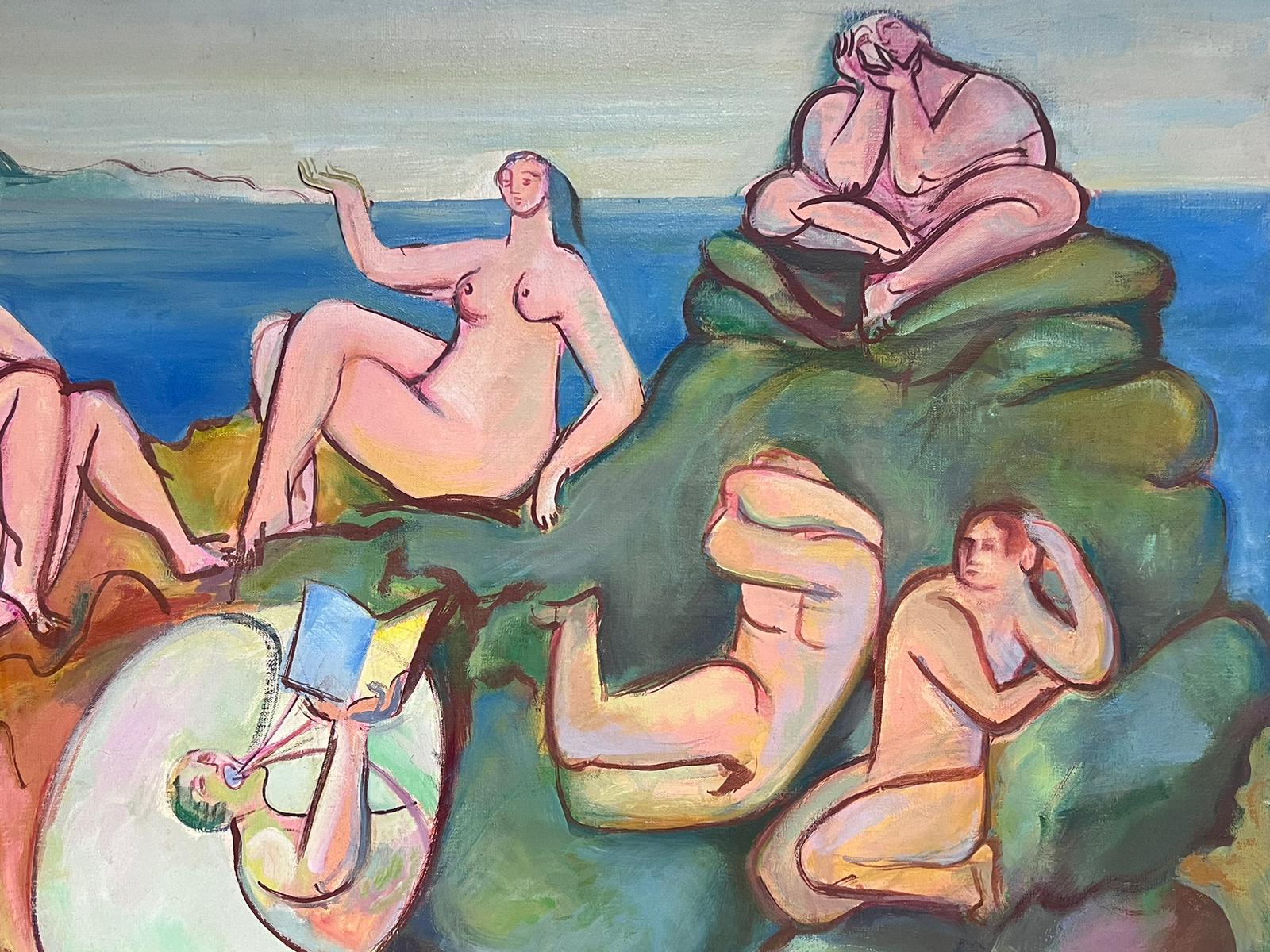 Huge 1950's French Modernist Oil Mythological Pink Nudes on Rocky Coastline - Painting by circle of Pablo Picasso