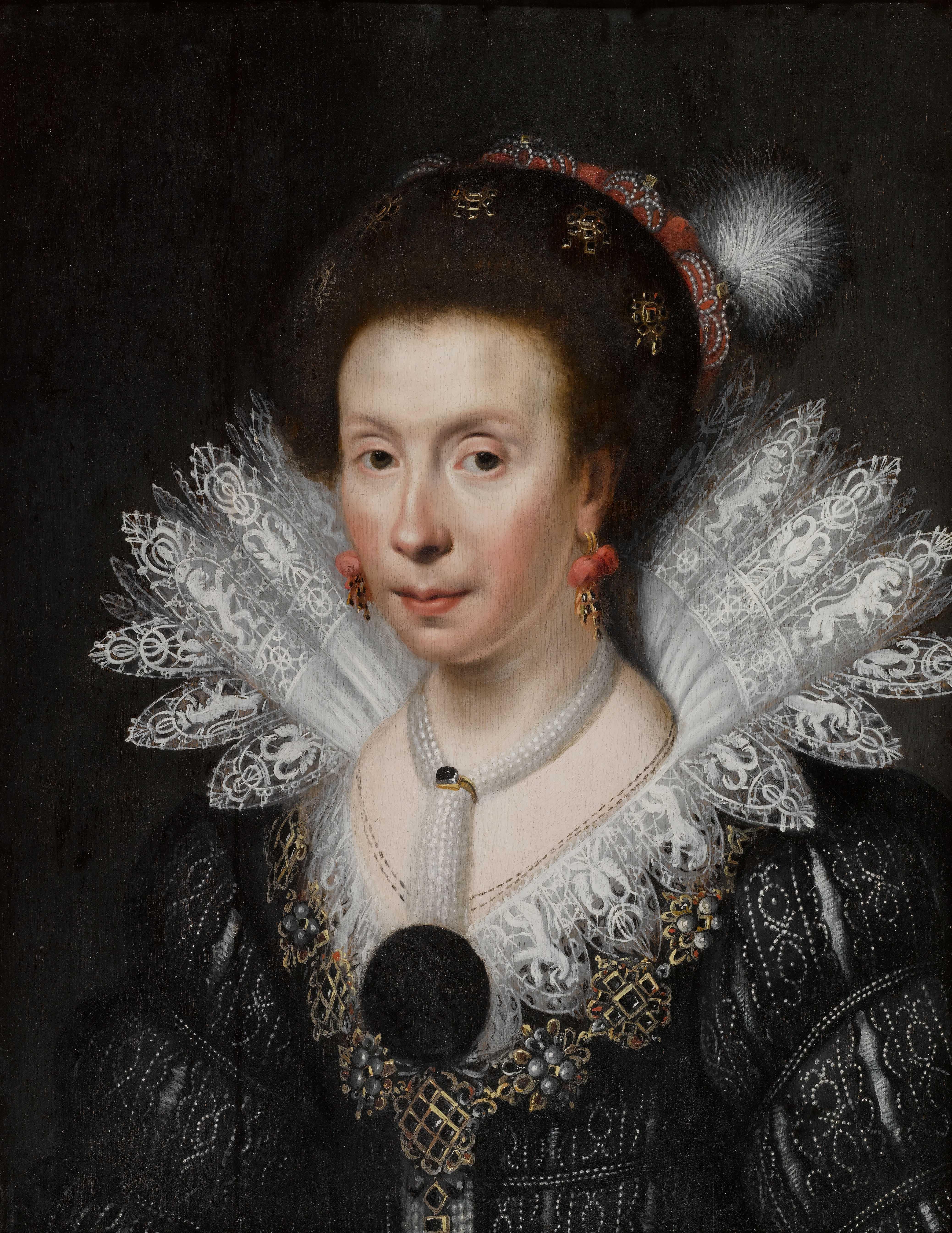 Portrait d'une dame avec un col en dentelle. - Painting de Circle of Paul van Somer 
