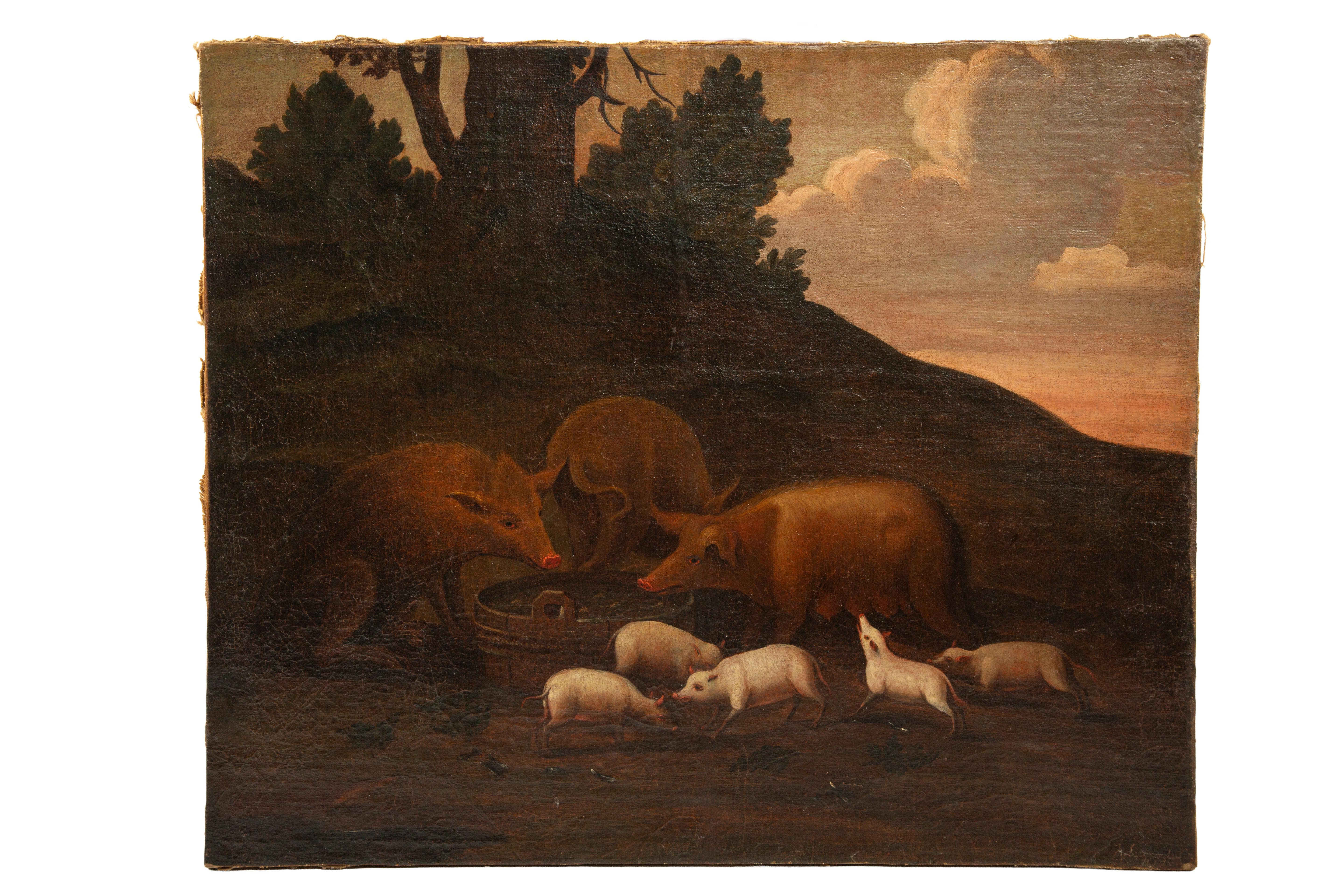 Kreis von Paulus Potter (1625-1654), Die Freude der Schweine, Öl auf Leinwand
Dieses ansprechende Ölgemälde aus dem 17. Jahrhundert, das dem Umkreis von Paulus Potter (1625-1654) zugeschrieben wird, zeigt eine rustikale Scheunenszene mit Schweinen