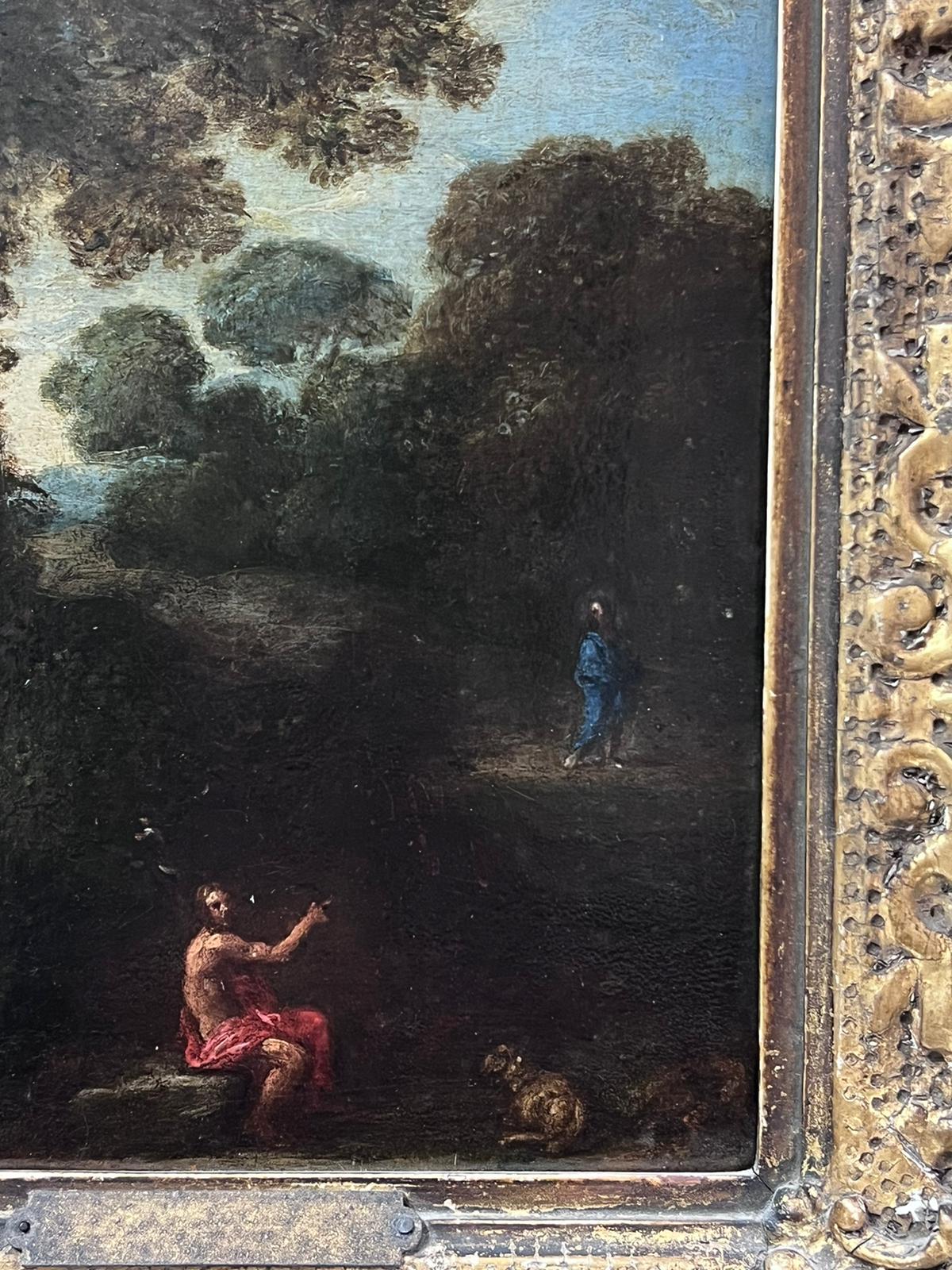 Fino óleo sobre tabla de un viejo maestro italiano del siglo XVII San John y Cristo en un paisaje 7