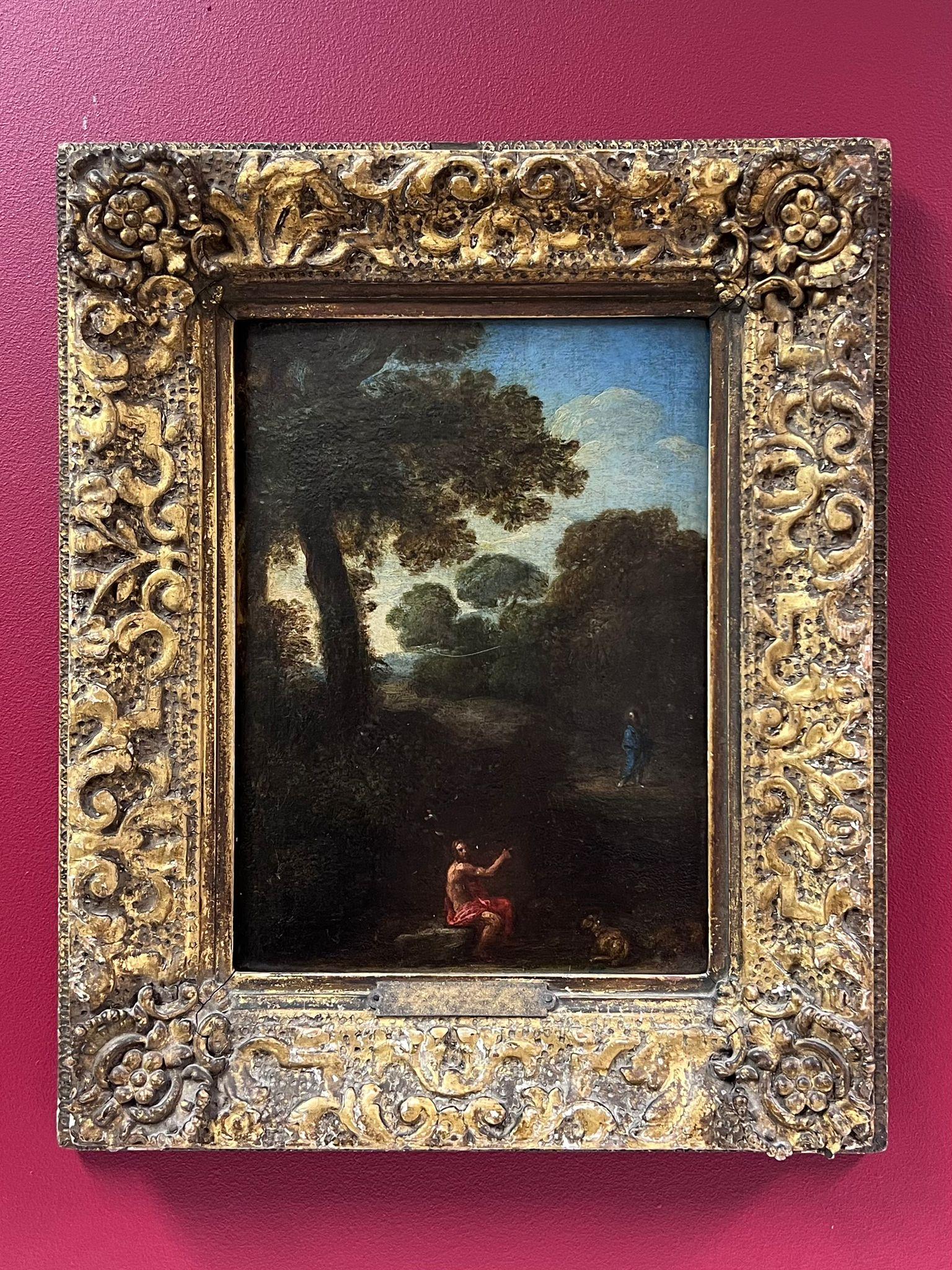 Fino óleo sobre tabla de un viejo maestro italiano del siglo XVII San John y Cristo en un paisaje - Painting de Circle of Pier Francesco Mola (1612-1666)