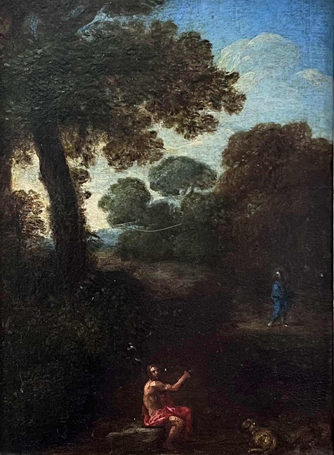 Fino óleo sobre tabla de un viejo maestro italiano del siglo XVII San John y Cristo en un paisaje - Painting Antiguos maestros de Circle of Pier Francesco Mola (1612-1666)