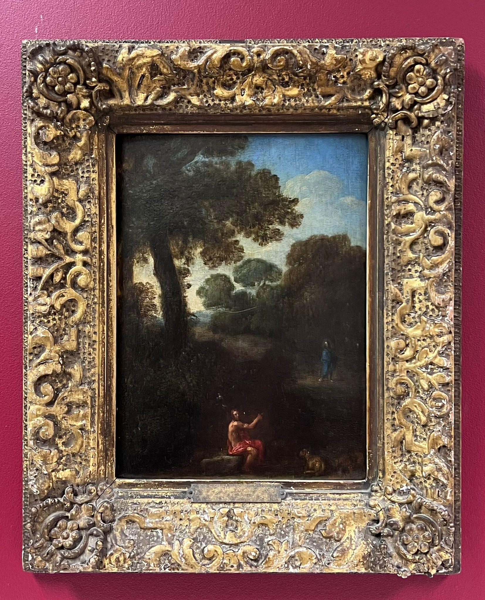 Fino óleo sobre tabla de un viejo maestro italiano del siglo XVII San John y Cristo en un paisaje 1