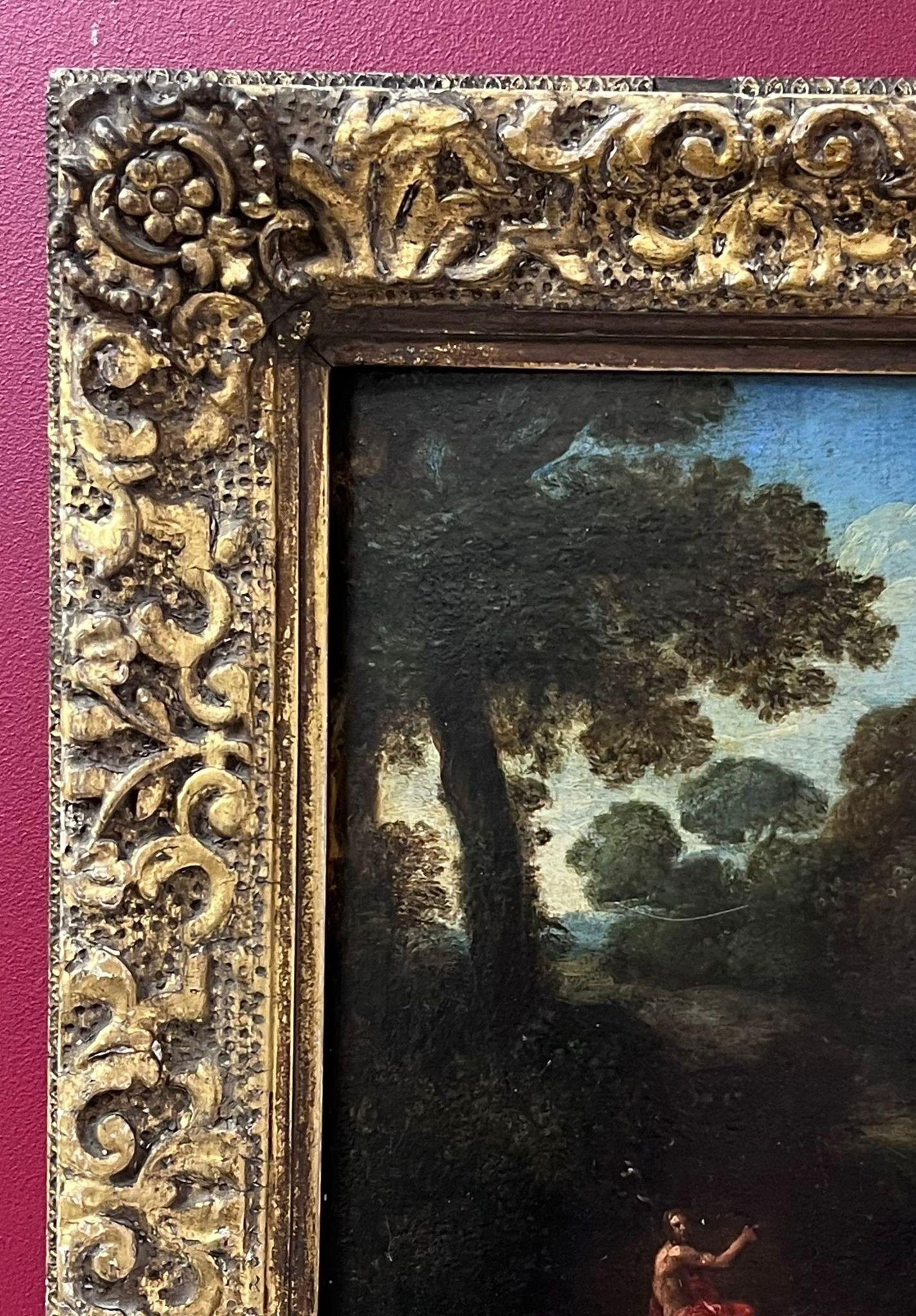 Fino óleo sobre tabla de un viejo maestro italiano del siglo XVII San John y Cristo en un paisaje 2