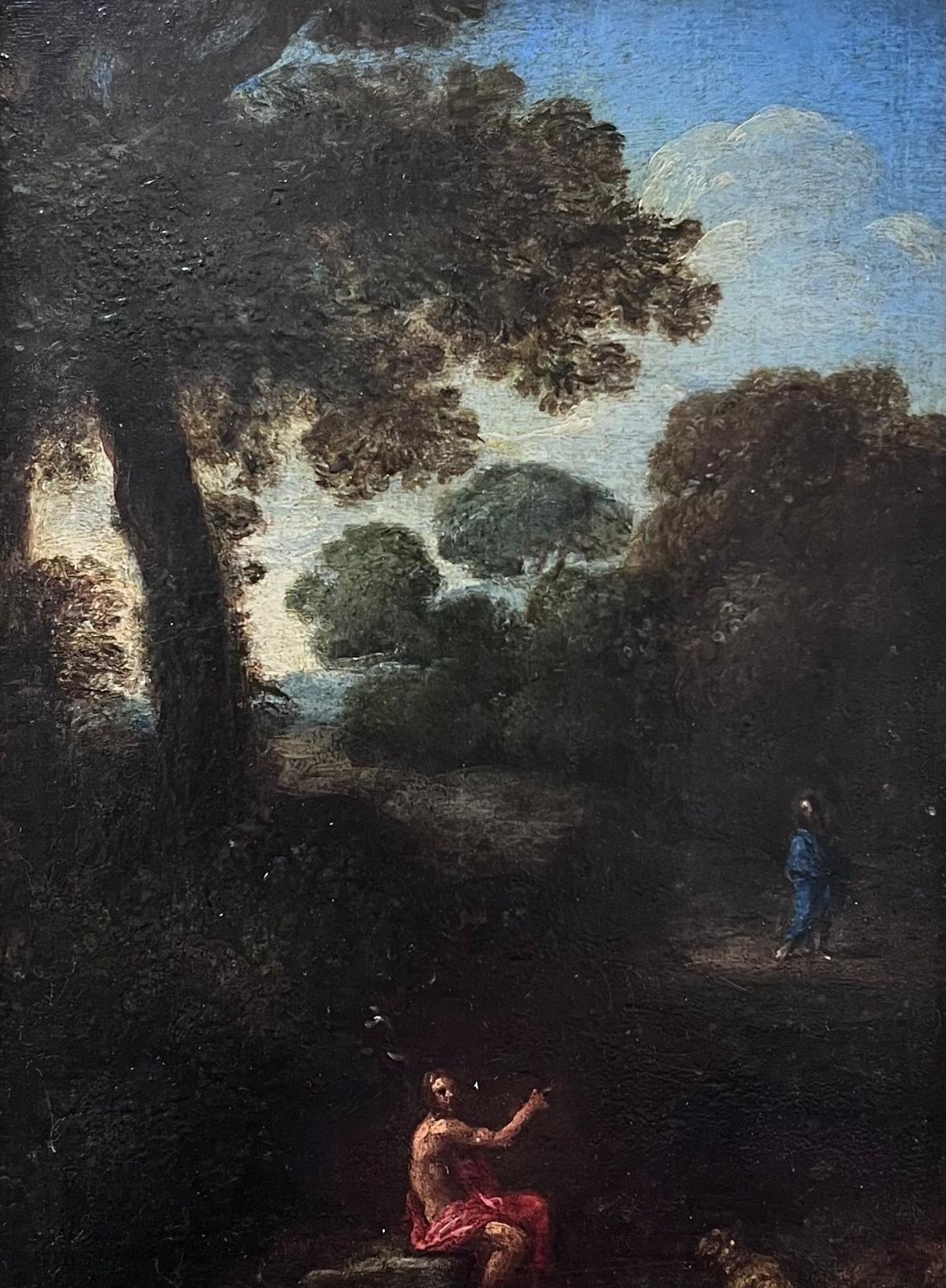 Fino óleo sobre tabla de un viejo maestro italiano del siglo XVII San John y Cristo en un paisaje 3
