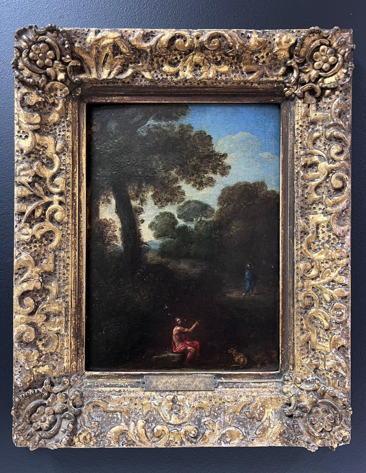 Fino óleo sobre tabla de un viejo maestro italiano del siglo XVII San John y Cristo en un paisaje 4