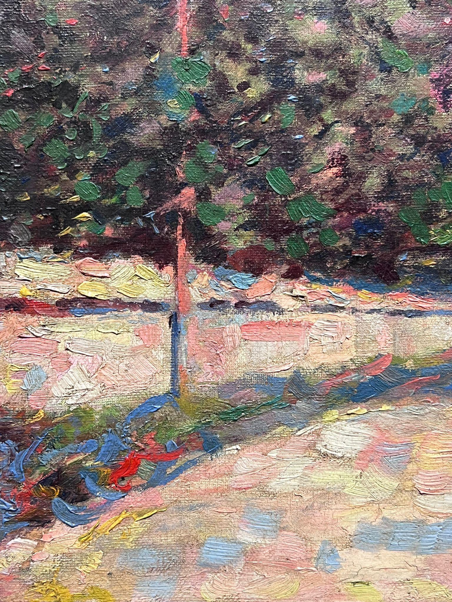 Fein c. 1900's Französisch Impressionist Ölgemälde Buntes Dorf Straßenansicht (Grau), Landscape Painting, von circle of Pierre Auguste Renoir
