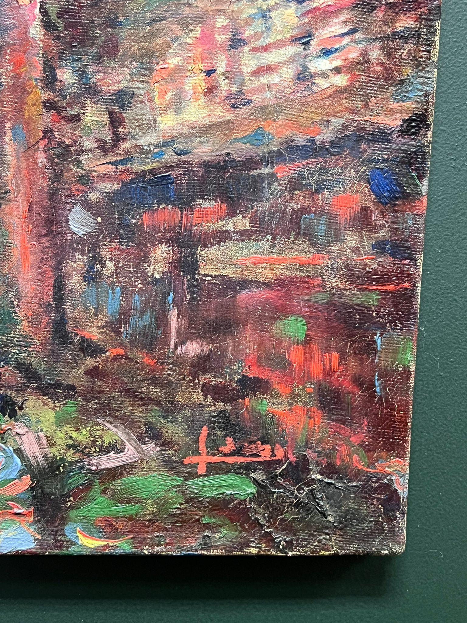 Fein c. 1900's Französisch Impressionist Ölgemälde Buntes Dorf Straßenansicht im Angebot 1