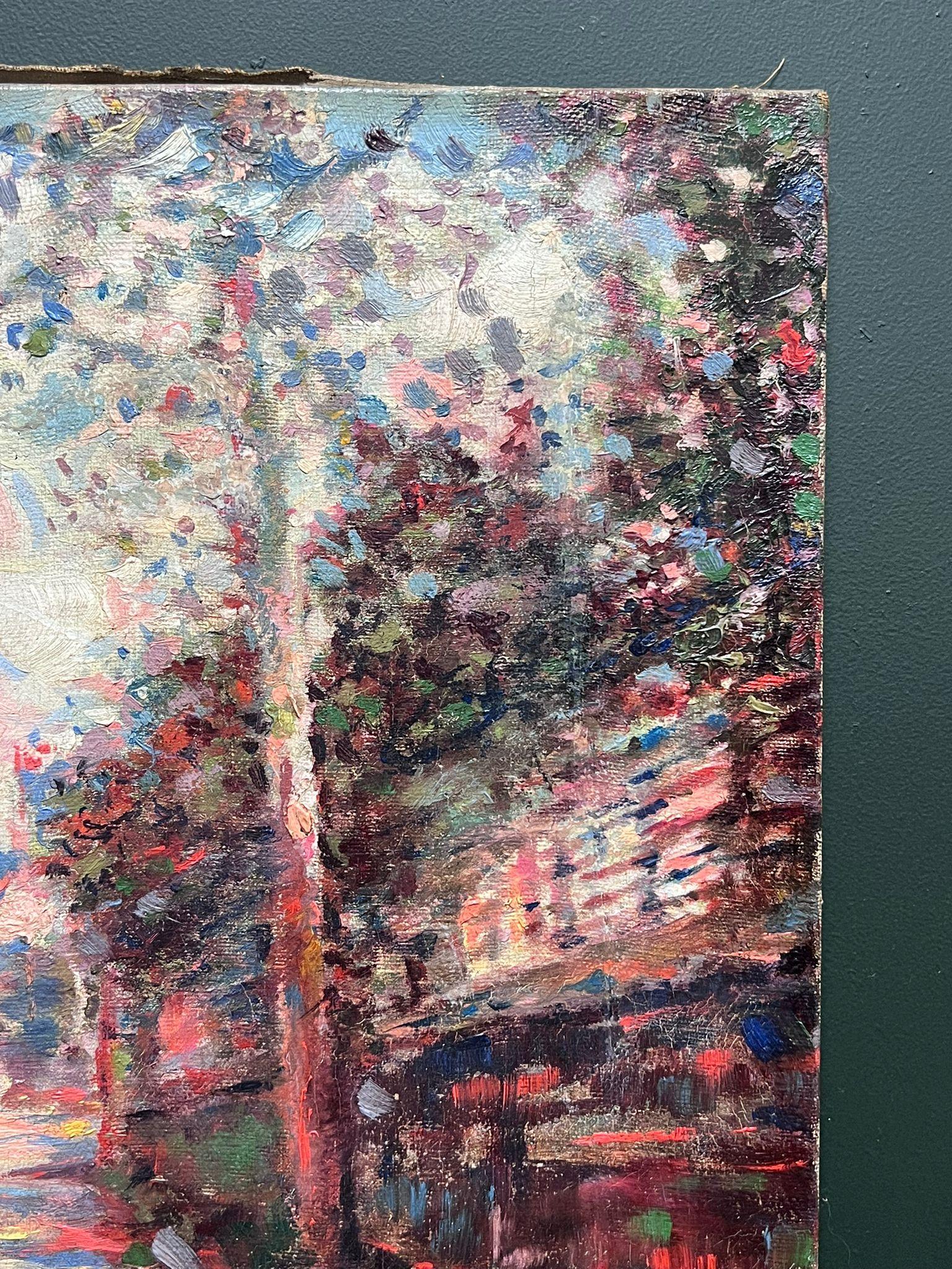 Fein c. 1900's Französisch Impressionist Ölgemälde Buntes Dorf Straßenansicht im Angebot 2