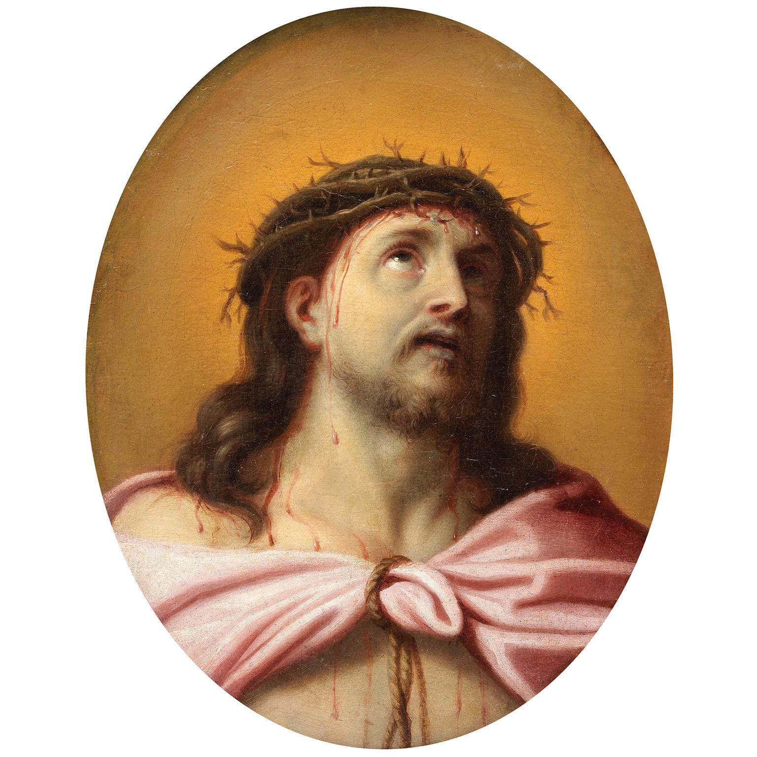 Fino óleo italiano del siglo XVII sobre lienzo Cabeza de Jesucristo coronado de espinas - Painting de (circle of) Pierre Mignard
