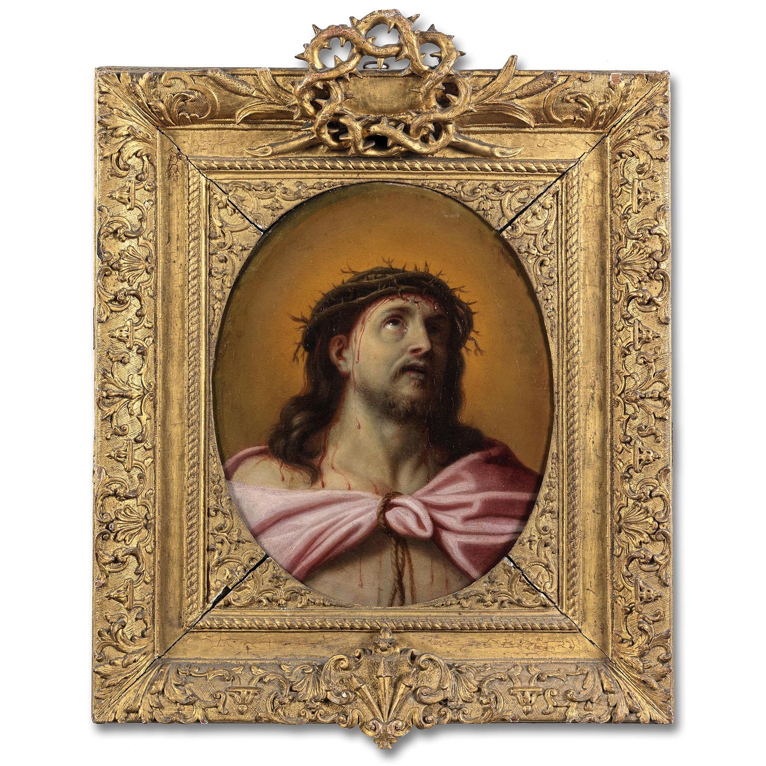 Interior Painting de (circle of) Pierre Mignard - Fino óleo italiano del siglo XVII sobre lienzo Cabeza de Jesucristo coronado de espinas