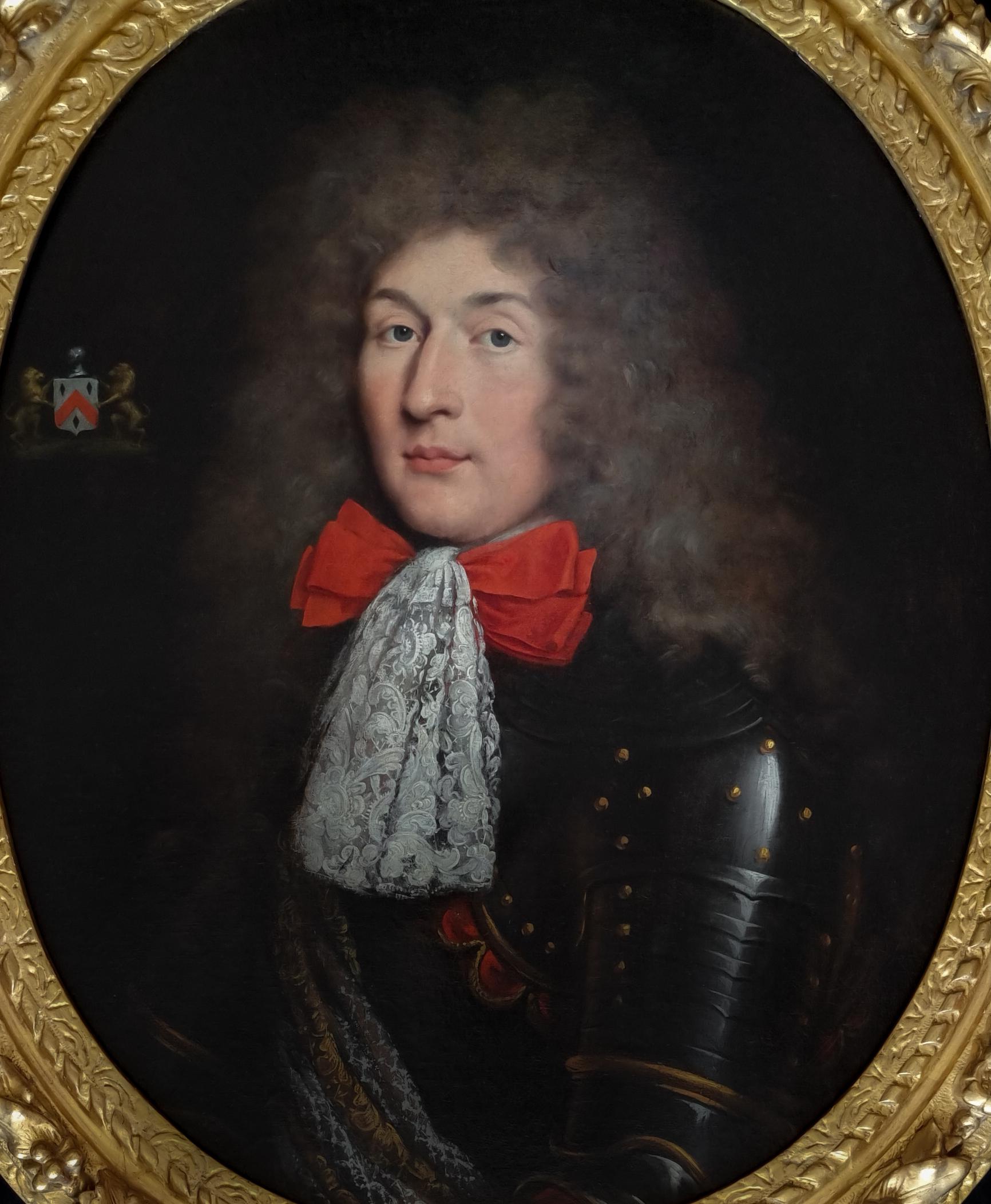 Porträt eines Gentleman in Spitzenkrawatte und Rüstung 1680er Jahre Gemälde, fein geschnitzter Rahmen im Angebot 1