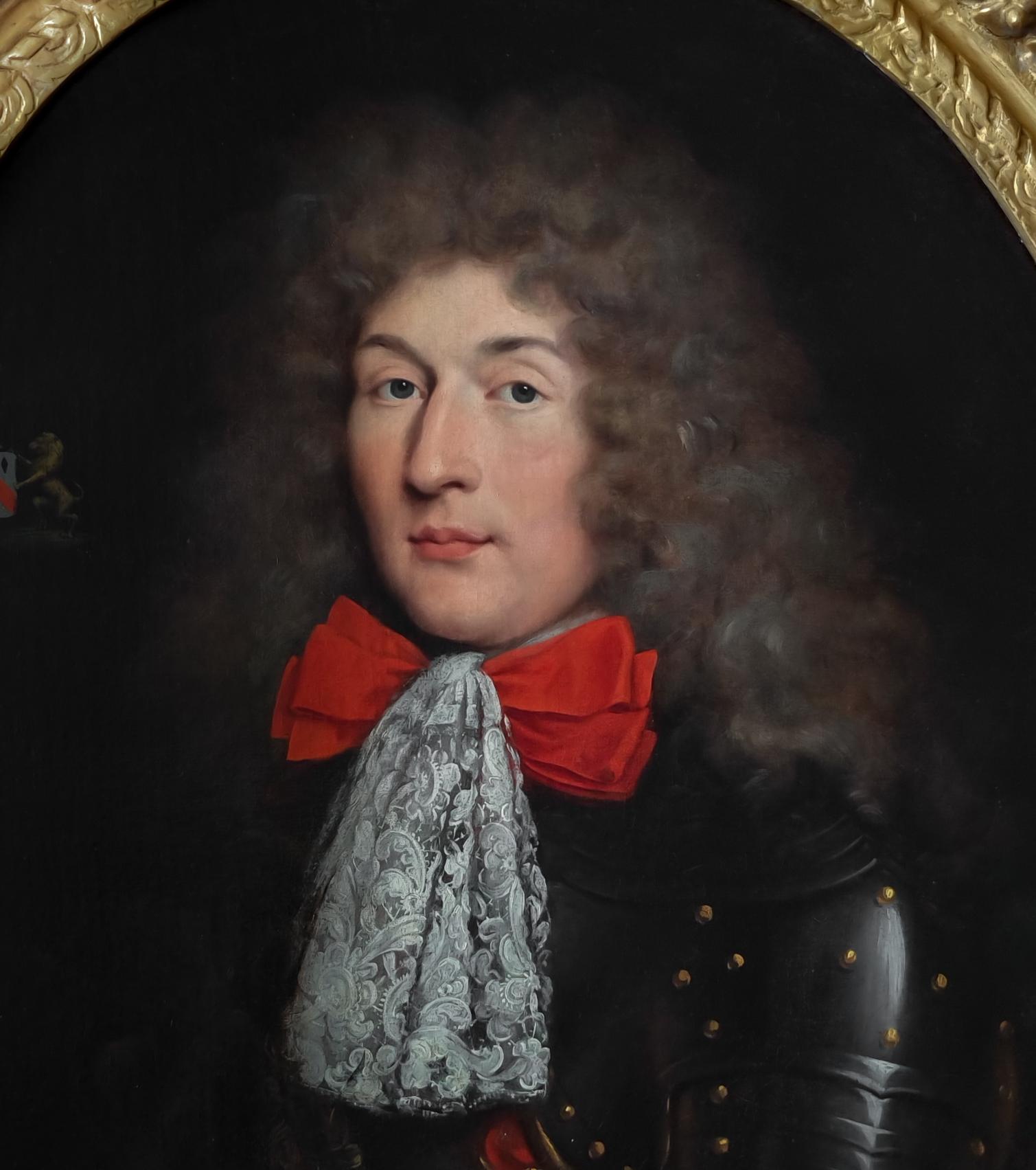 Porträt eines Gentleman in Spitzenkrawatte und Rüstung 1680er Jahre Gemälde, fein geschnitzter Rahmen im Angebot 2