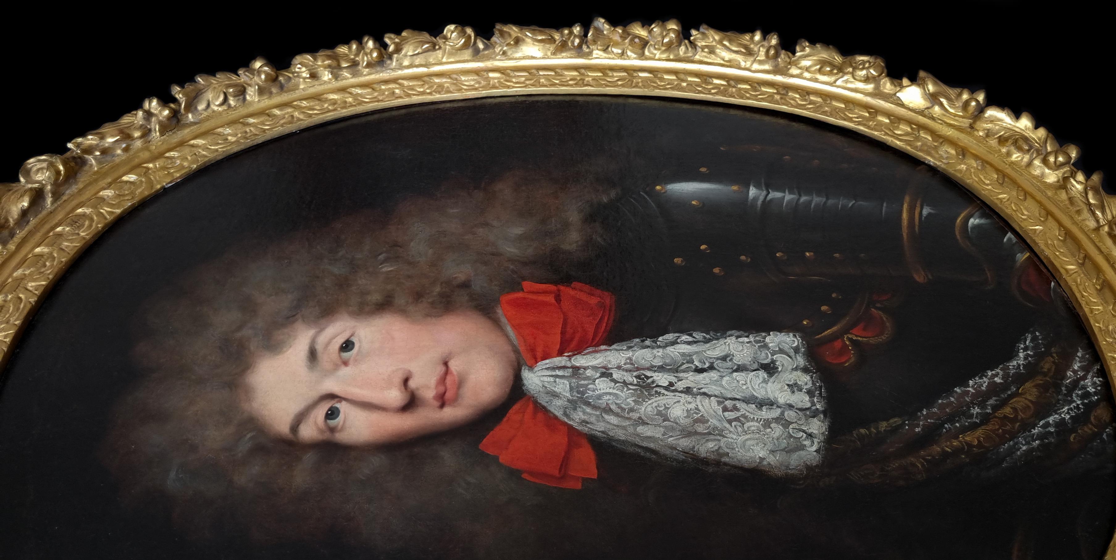 Porträt eines Gentleman in Spitzenkrawatte und Rüstung 1680er Jahre Gemälde, fein geschnitzter Rahmen im Angebot 6
