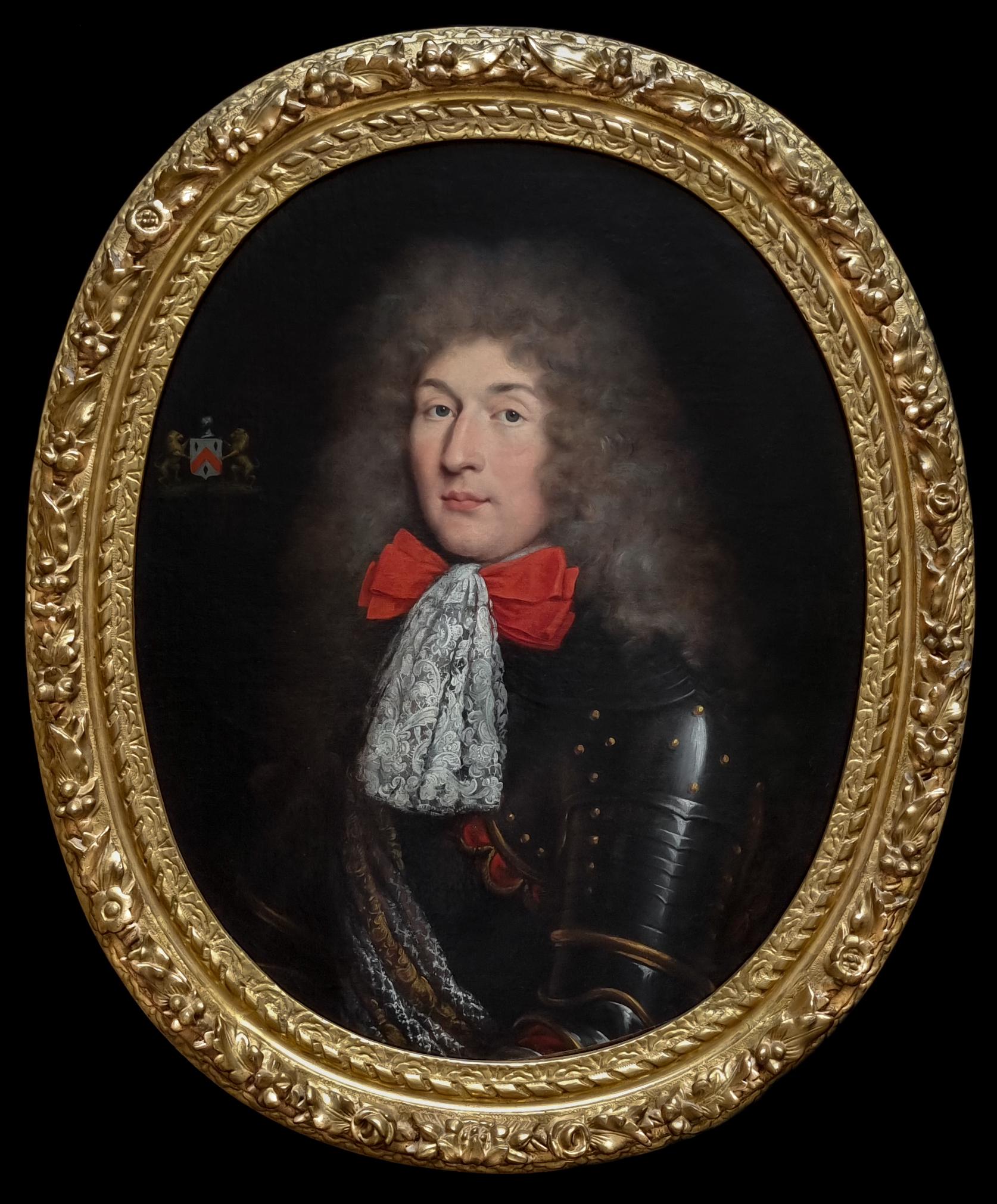 Portrait of Gentleman in Lace Cravat & Armour 1680’s Painting, Fine Carved Frame