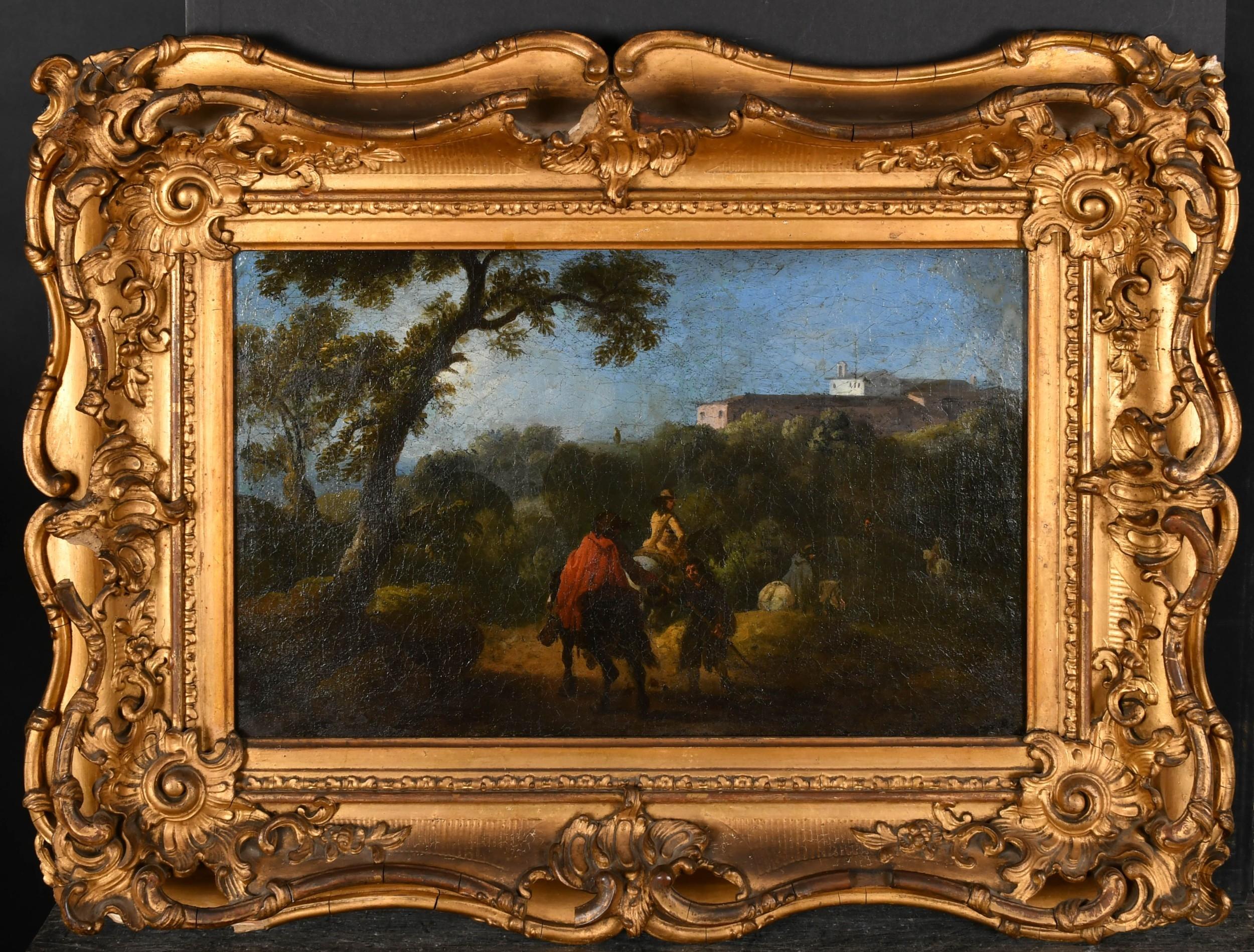 Raffinato dipinto ad olio barocco fiammingo del XVII secolo con figure in un paesaggio