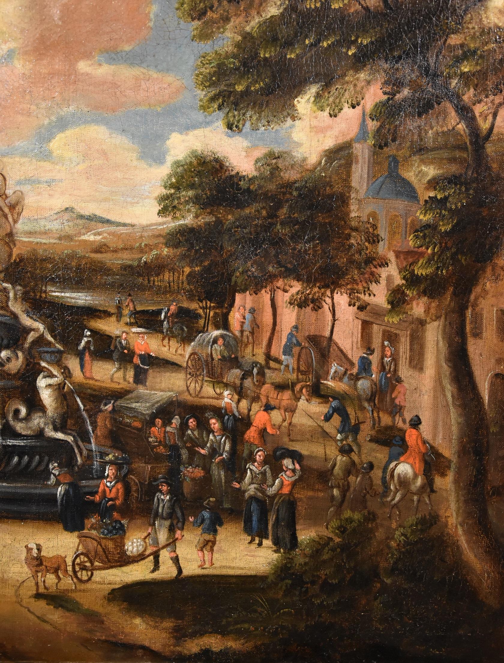Landschaft, Dorfmarkt, Gemälde Öl auf Leinwand, Alter Meister, flämische Kunst, 18. Jahrhundert im Angebot 5
