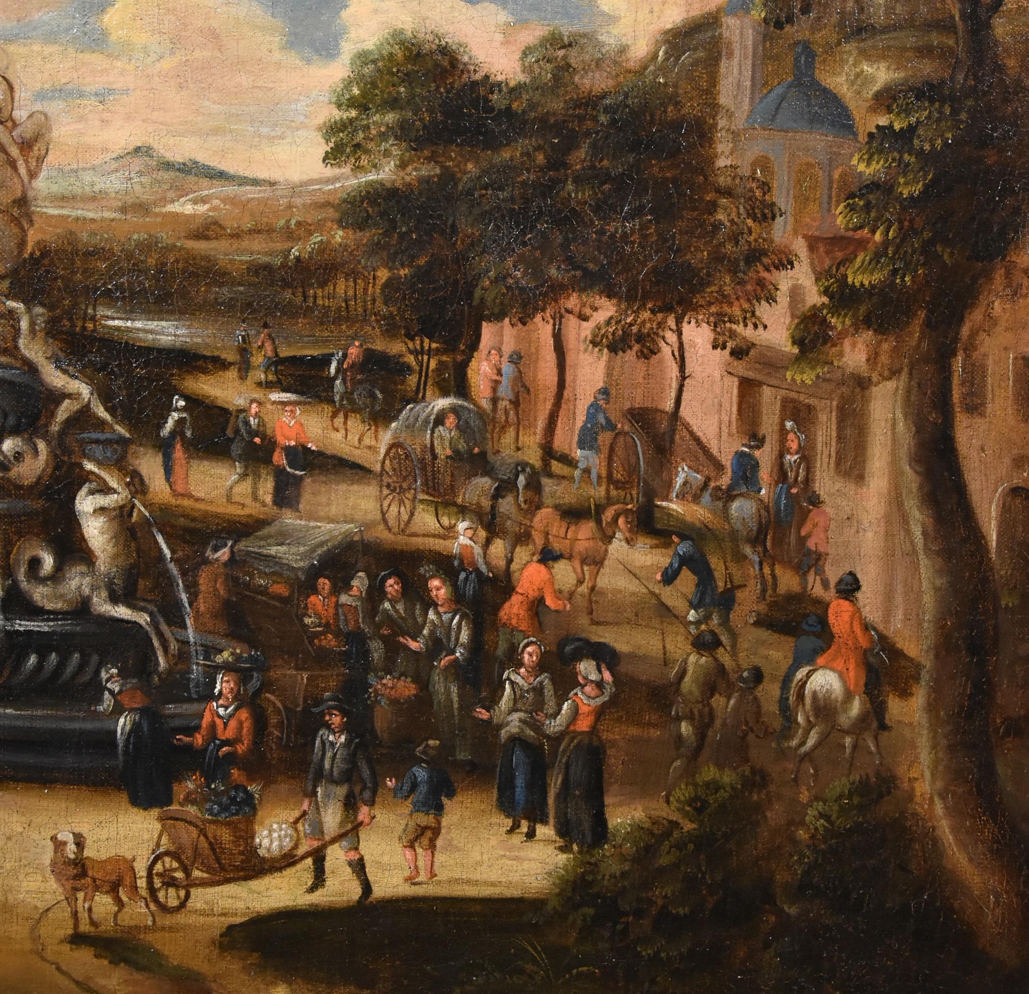 Landschaft, Dorfmarkt, Gemälde Öl auf Leinwand, Alter Meister, flämische Kunst, 18. Jahrhundert im Angebot 6