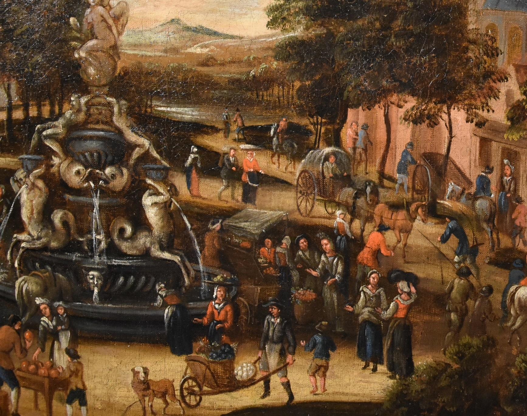 Landschaft, Dorfmarkt, Gemälde Öl auf Leinwand, Alter Meister, flämische Kunst, 18. Jahrhundert im Angebot 7