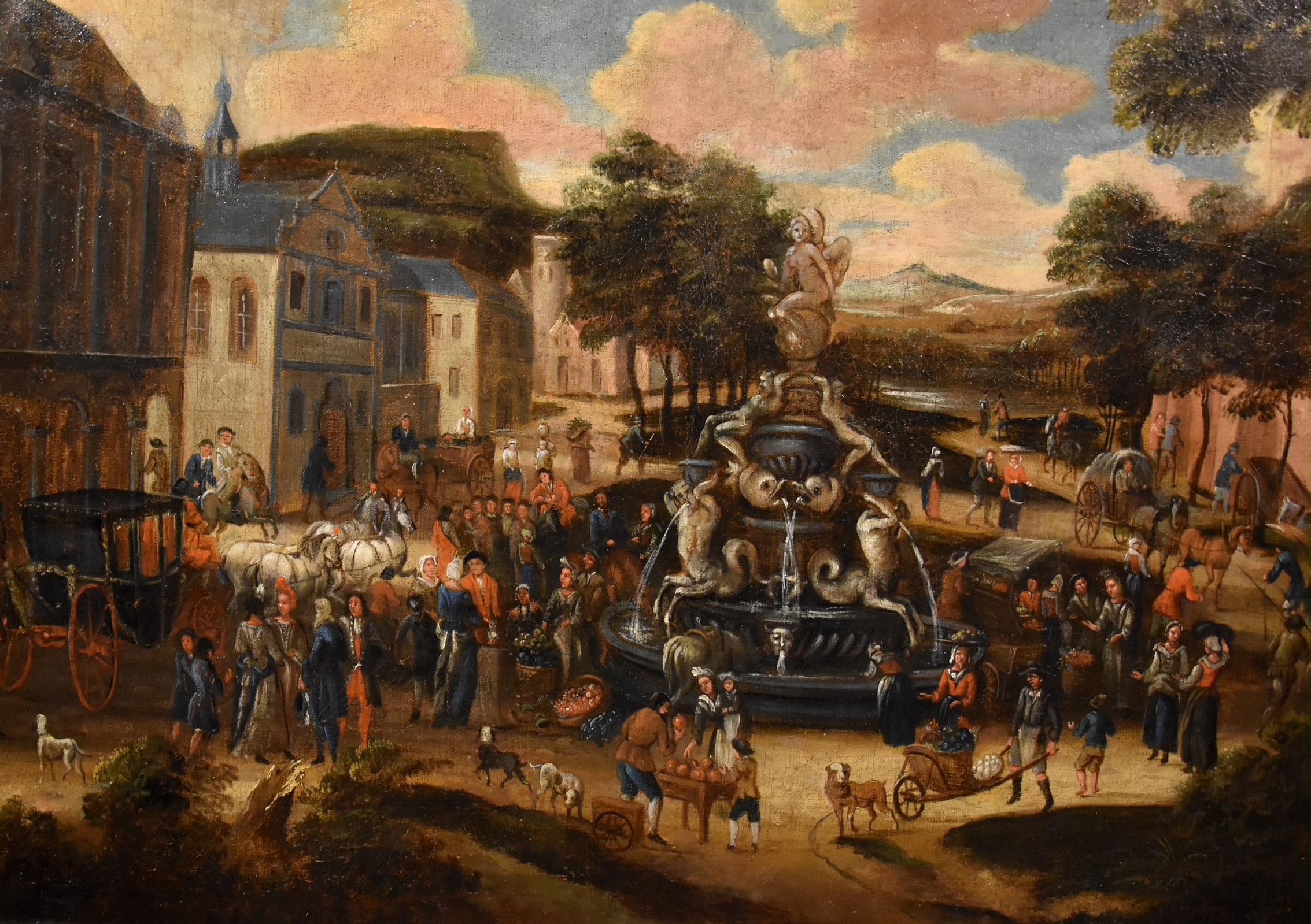 Landscape Village Market Paint Oil on canvas Old master 18th Century Flemish Art - Painting by Circle of Pieter van Bredael (Antwerp 1629 - 1719)