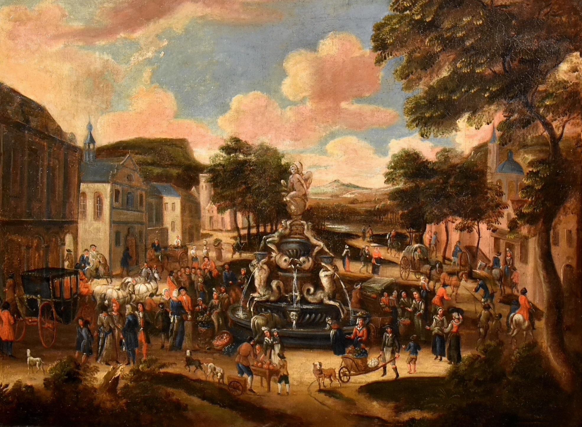 Landschaft, Dorfmarkt, Gemälde Öl auf Leinwand, Alter Meister, flämische Kunst, 18. Jahrhundert (Alte Meister), Painting, von Circle of Pieter van Bredael (Antwerp 1629 - 1719)