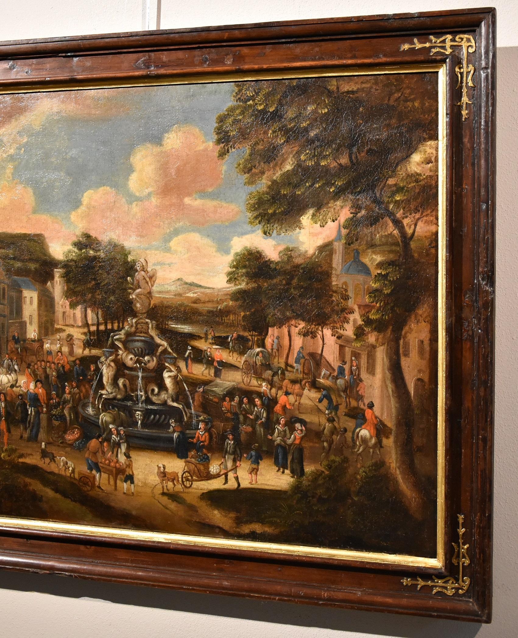 Landschaft, Dorfmarkt, Gemälde Öl auf Leinwand, Alter Meister, flämische Kunst, 18. Jahrhundert im Angebot 1