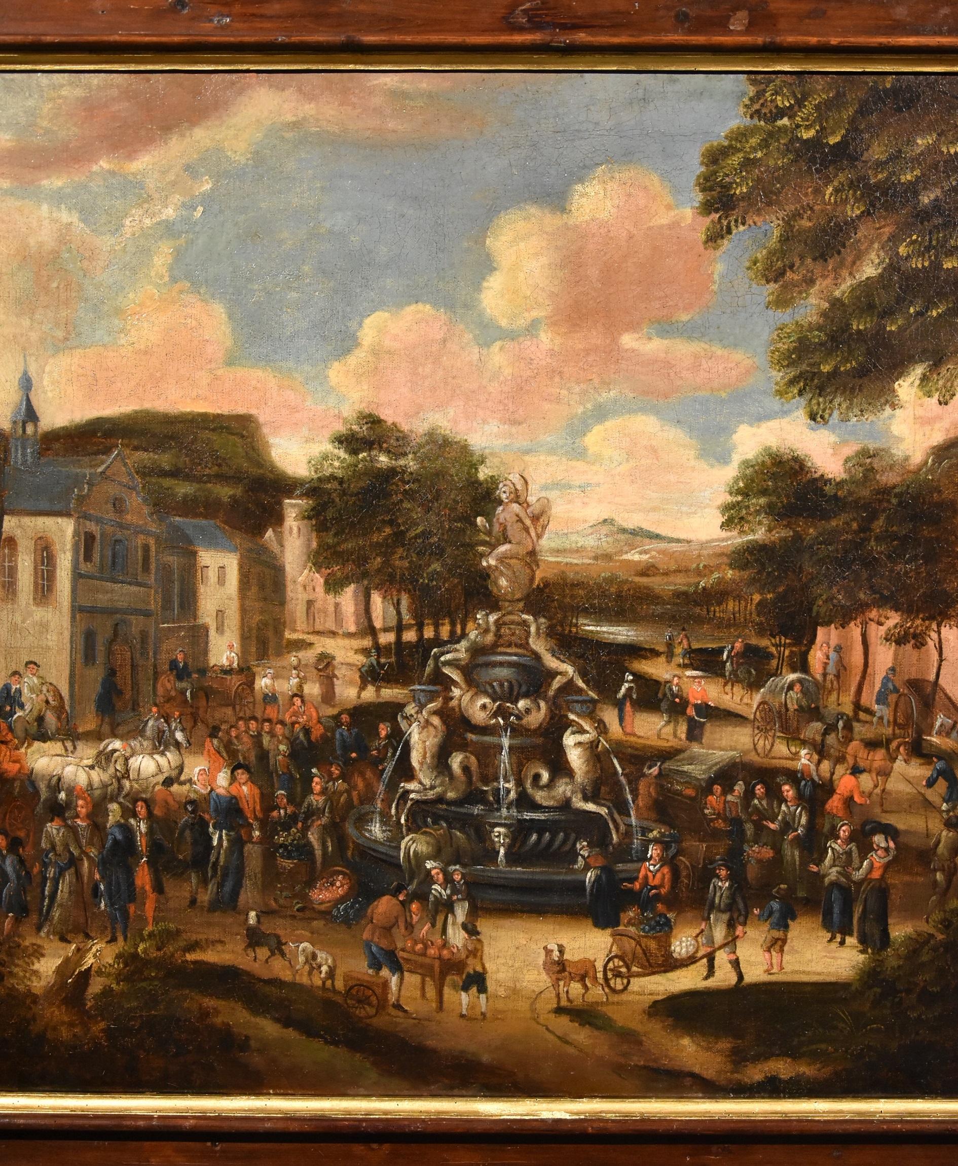 Landscape Village Market Paint Oil on canvas Old master 18th Century Flemish Art - Brown Landscape Painting by Circle of Pieter van Bredael (Antwerp 1629 - 1719)