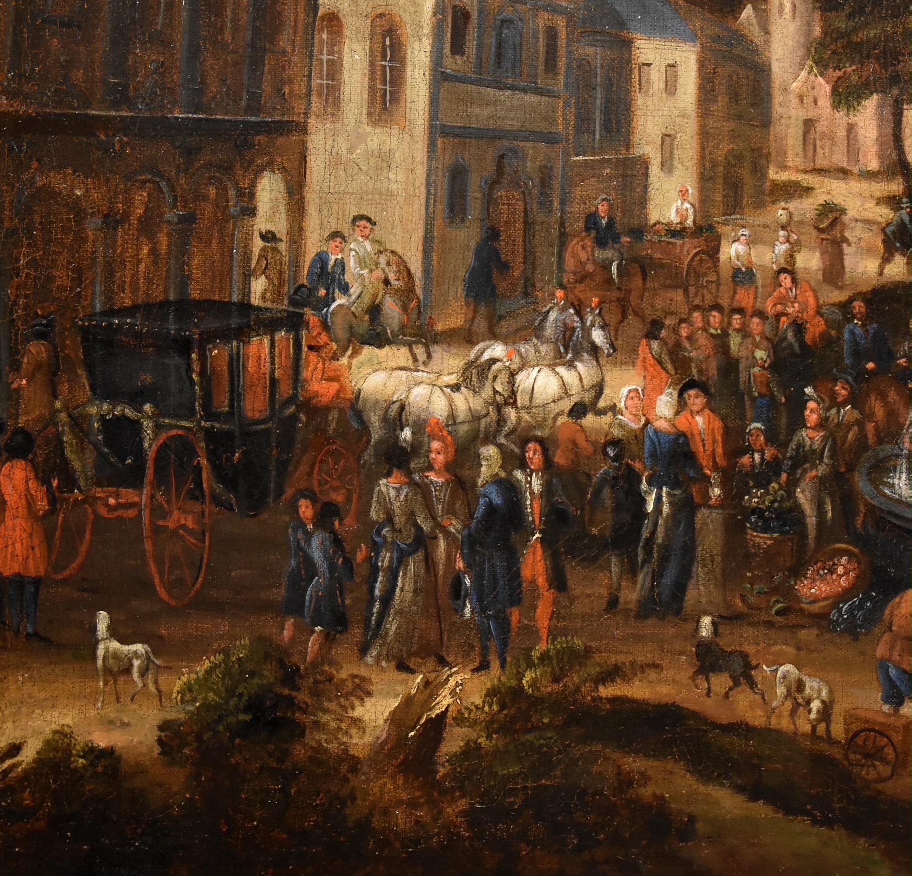 Landschaft, Dorfmarkt, Gemälde Öl auf Leinwand, Alter Meister, flämische Kunst, 18. Jahrhundert im Angebot 3