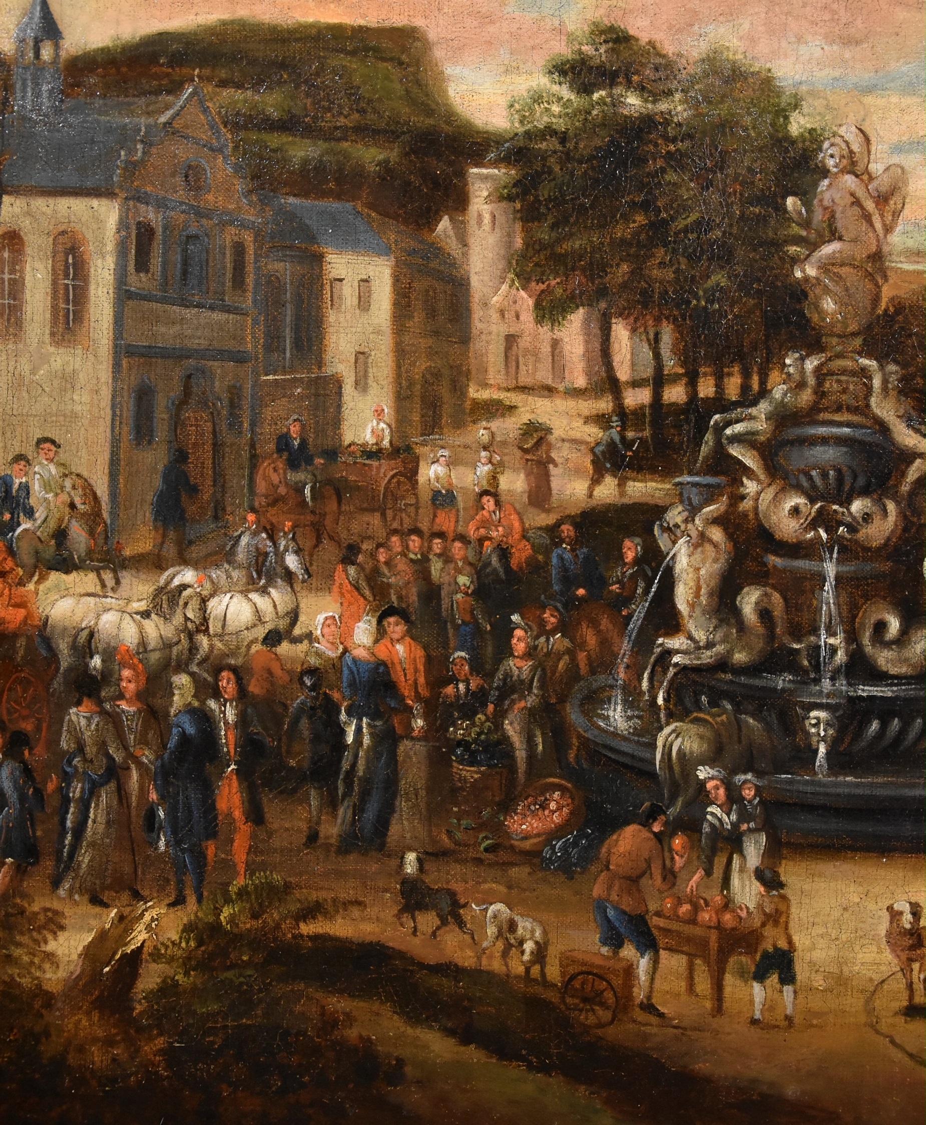 Landscape Village Market Paint Oil on canvas Old master 18th Century Flemish Art For Sale 1