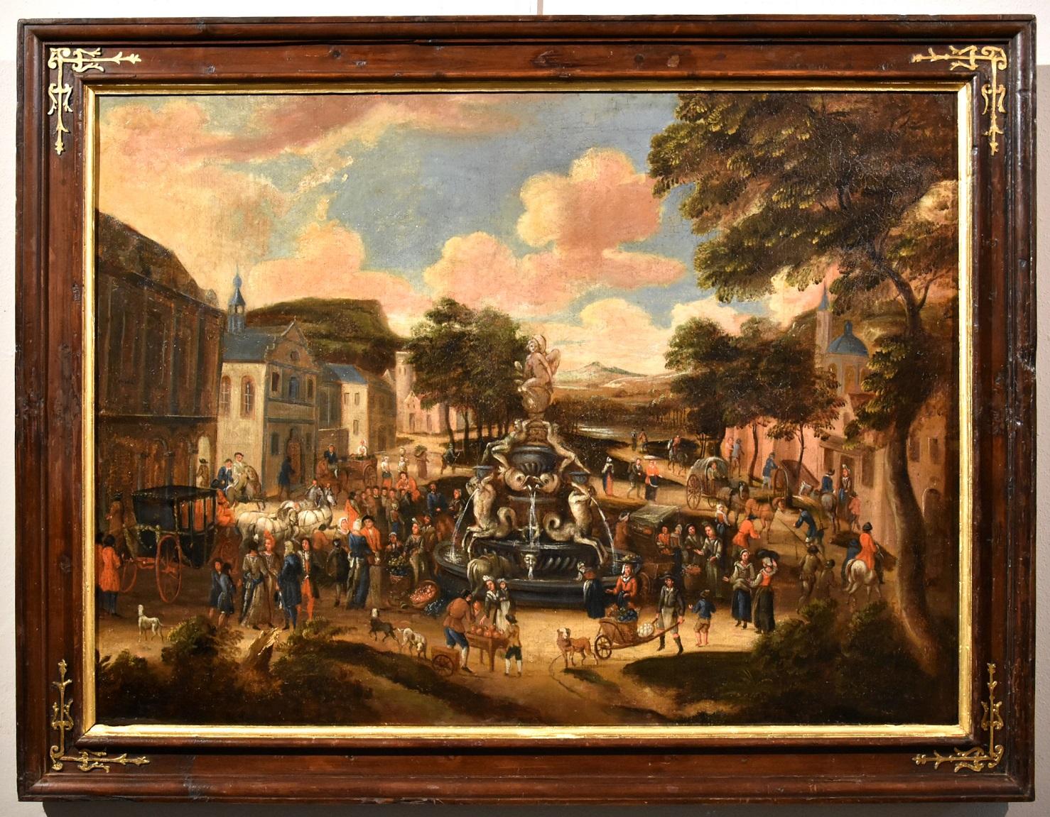 Circle of Pieter van Bredael (Antwerp 1629 - 1719) Landscape Painting – Landschaft, Dorfmarkt, Gemälde Öl auf Leinwand, Alter Meister, flämische Kunst, 18. Jahrhundert