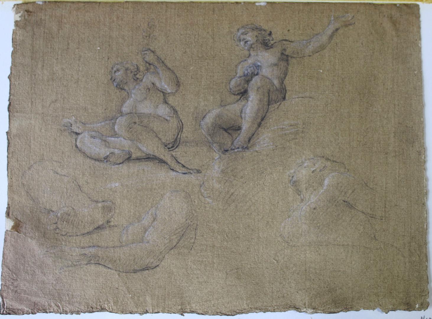 18th Century Italian Old Master Drawing Nude Figure Sketches Male & Female