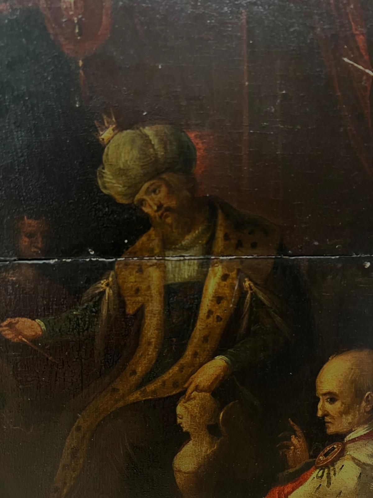 Fine 17th Century Dutch Old Master Oil on Wood Panel Ester before Ahasuerus - Painting by Circle of Rembrandt van Rijn (Leiden 1606 - Amsterdam 1669)