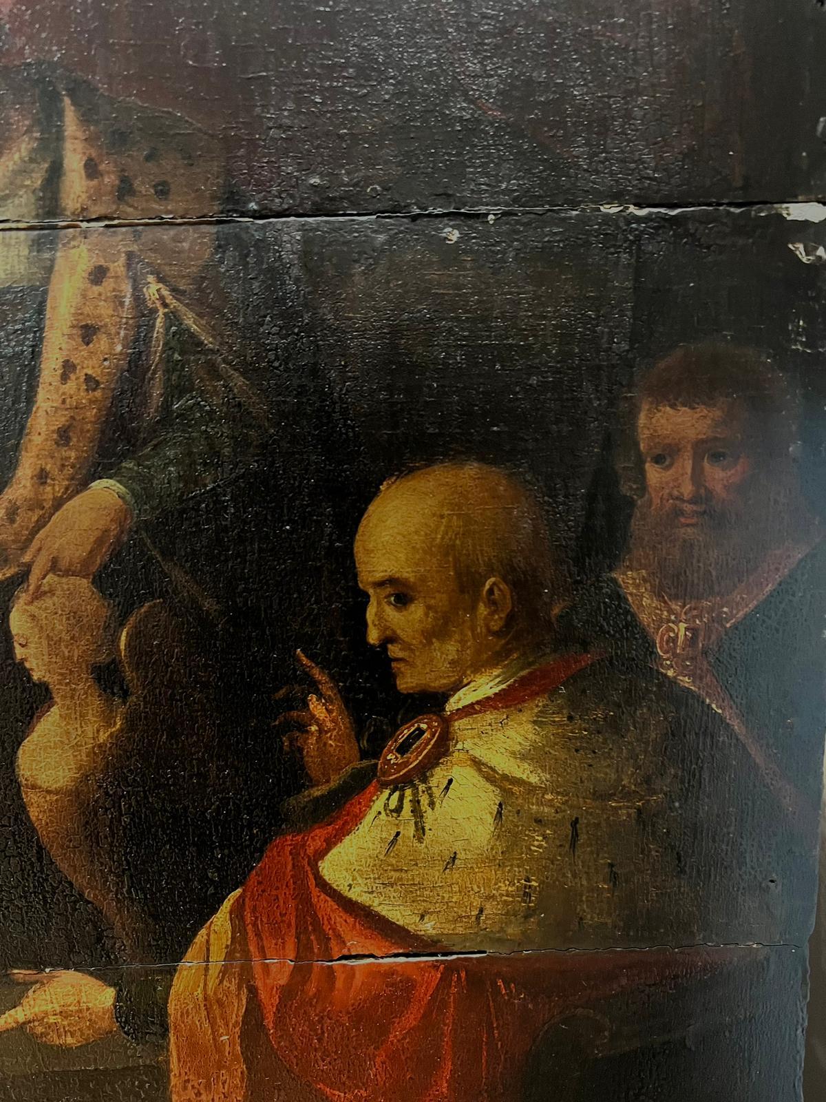 Pregevole olio su pannello di Wood del XVII secolo di un vecchio maestro olandese Ester davanti ad Assuero - Figurative Painting Nero di Circle of Rembrandt van Rijn (Leiden 1606 - Amsterdam 1669)