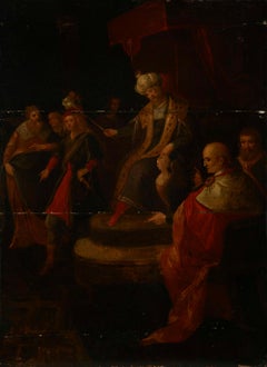 Niederländischer Altmeister, Ölgemälde auf Holztafel, Ester vor Ahasuerus, 17. Jahrhundert