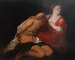 Pregevole dipinto a olio barocco fiammingo del XVII secolo Carità romana grande pannello di Wood