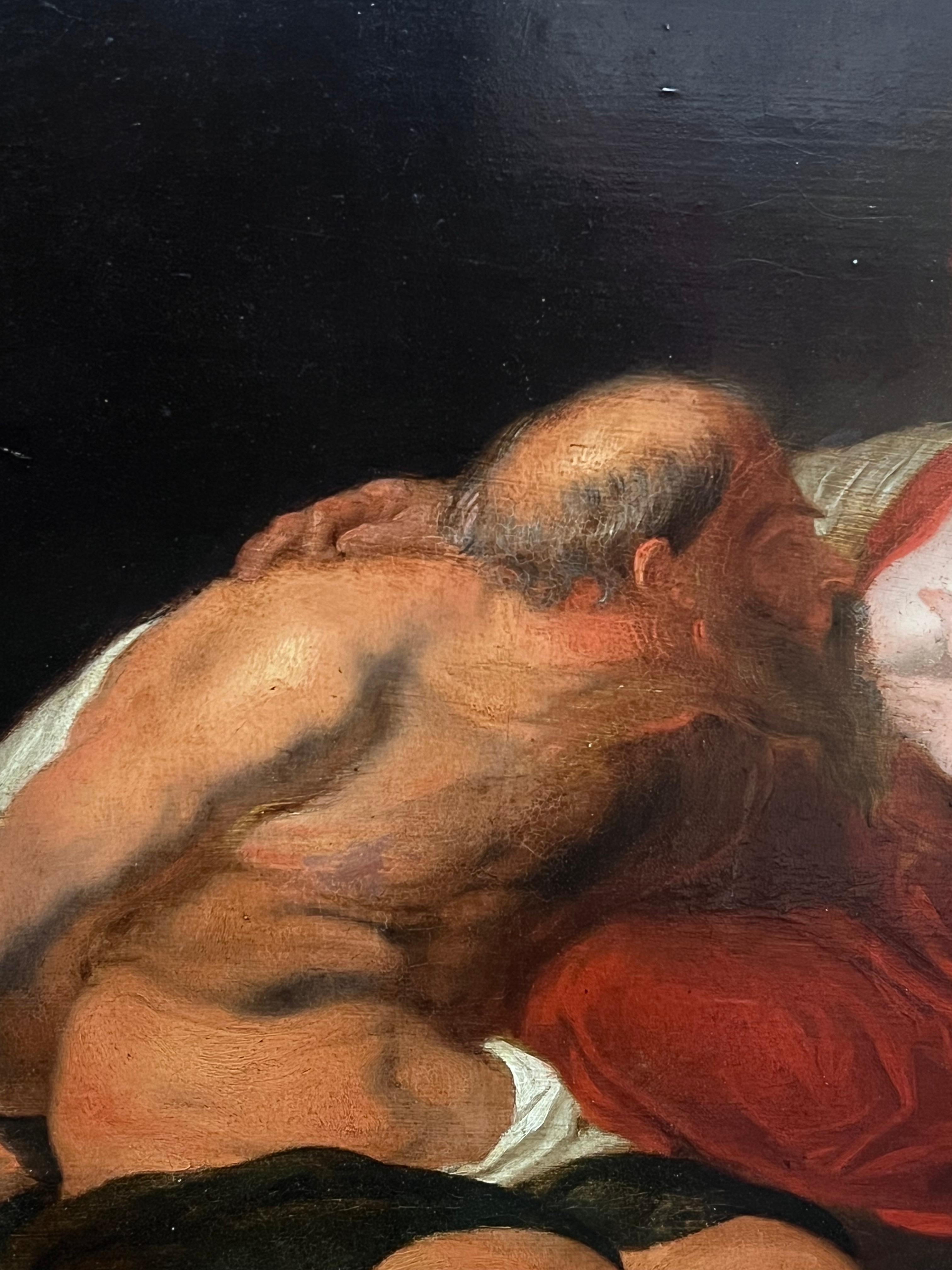 Pregevole dipinto a olio barocco fiammingo del XVII secolo Carità romana grande pannello di Wood - Figurative Painting Nero di circle of Rubens