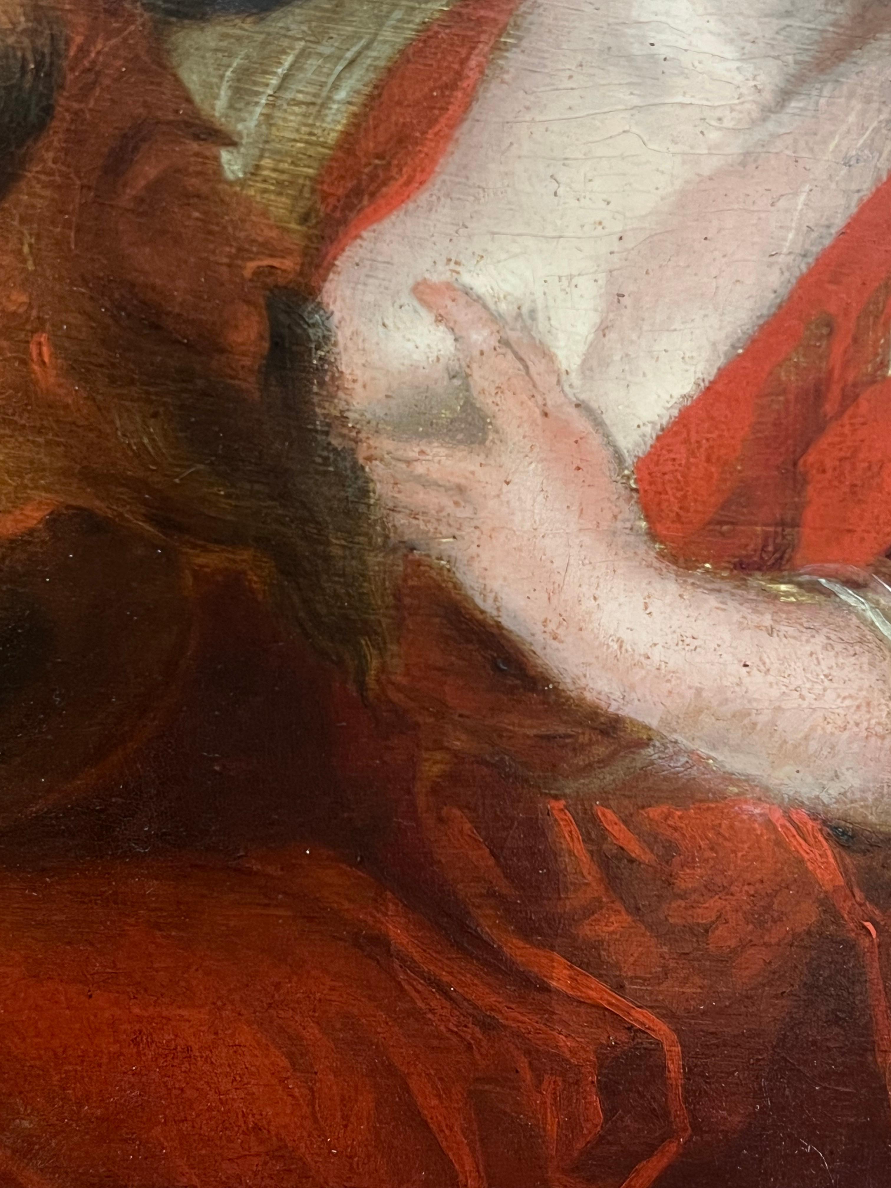 Pregevole dipinto a olio barocco fiammingo del XVII secolo Carità romana grande pannello di Wood in vendita 1