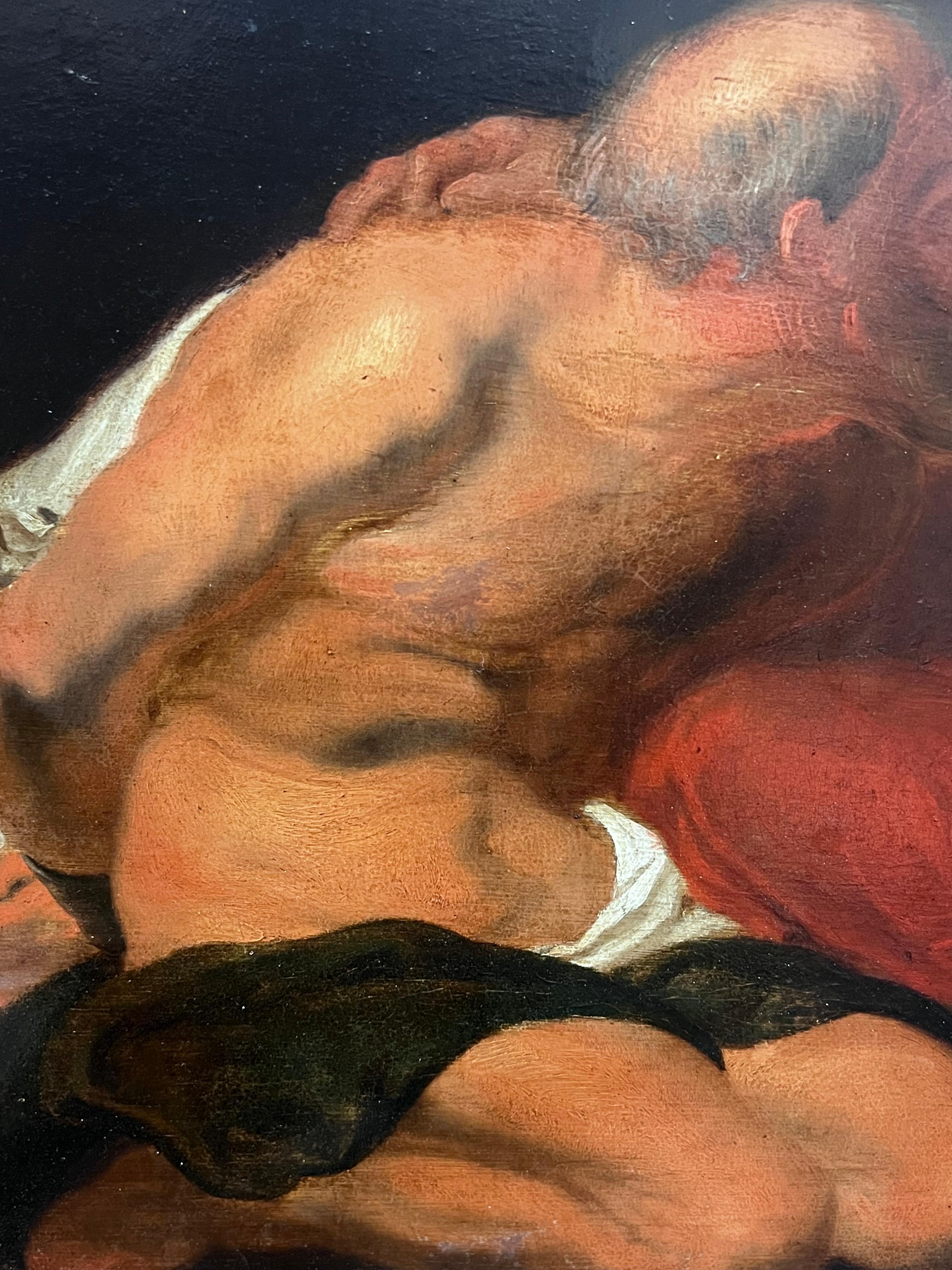 Pregevole dipinto a olio barocco fiammingo del XVII secolo Carità romana grande pannello di Wood in vendita 2