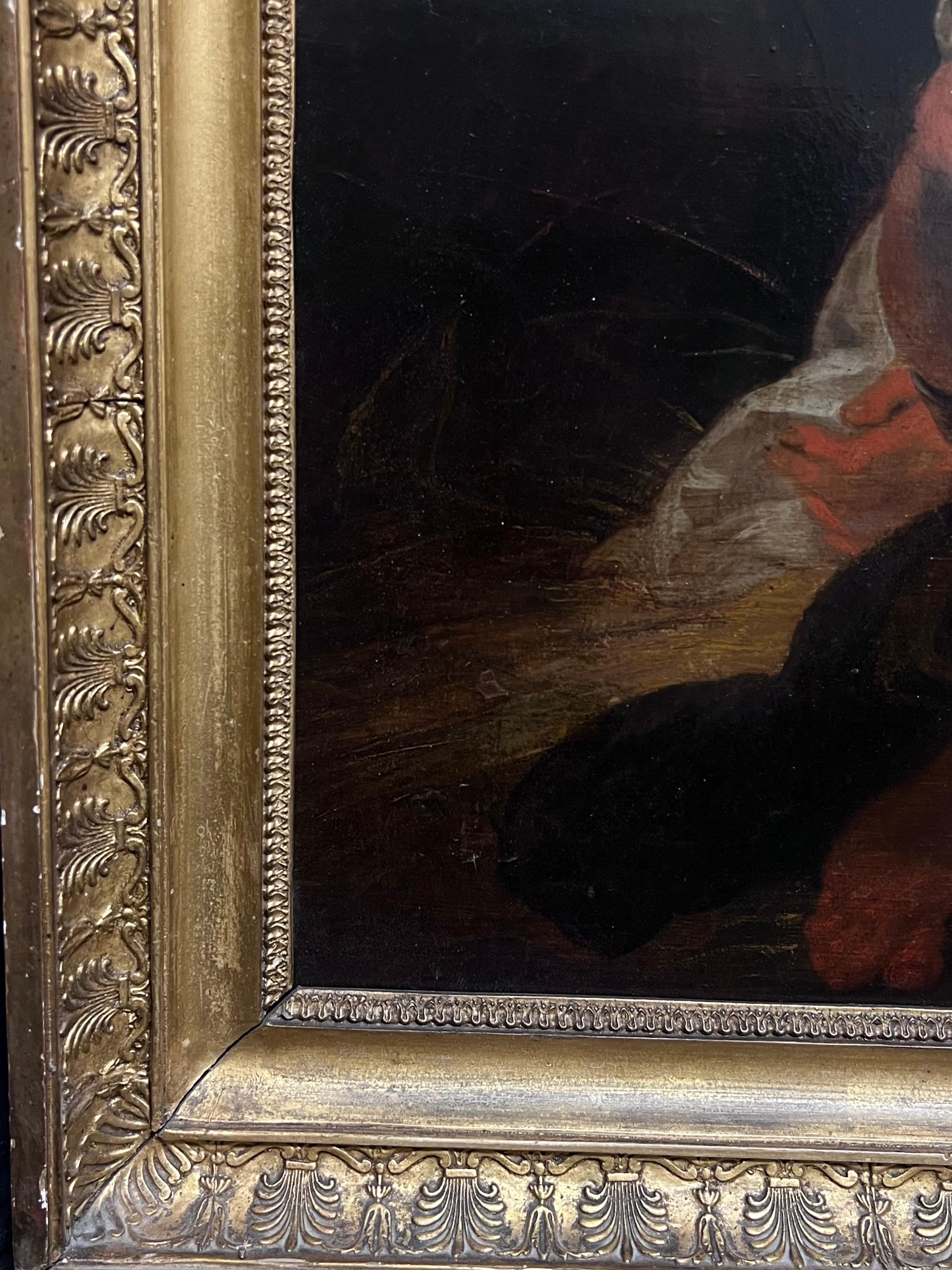 Pregevole dipinto a olio barocco fiammingo del XVII secolo Carità romana grande pannello di Wood in vendita 3