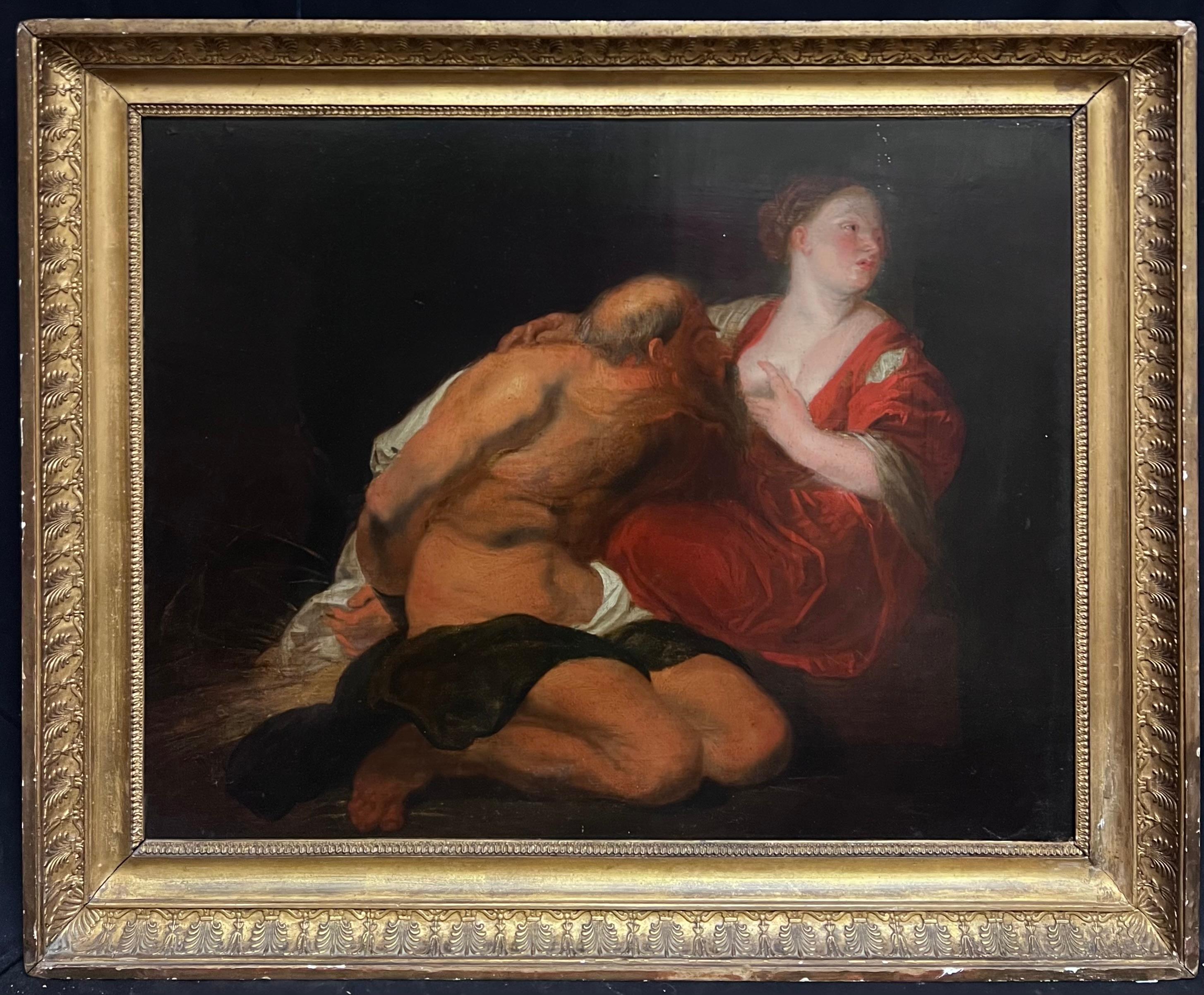 Figurative Painting di circle of Rubens - Pregevole dipinto a olio barocco fiammingo del XVII secolo Carità romana grande pannello di Wood