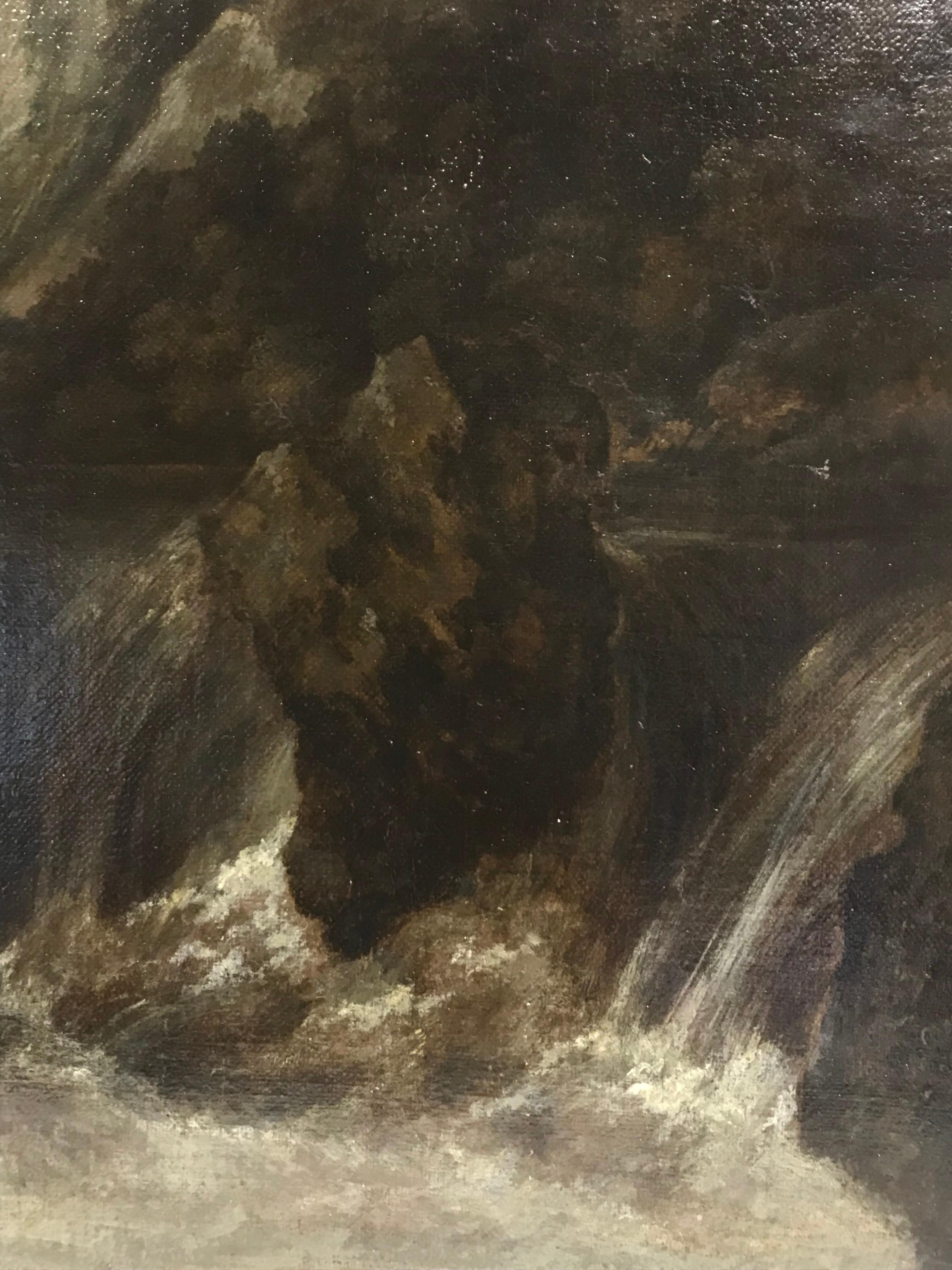 Schönes italienisches Barockgemälde Alter Meister des 17. Jahrhunderts, Wasserfälle in Landschaft (Schwarz), Landscape Painting, von circle of Salvator Rosa