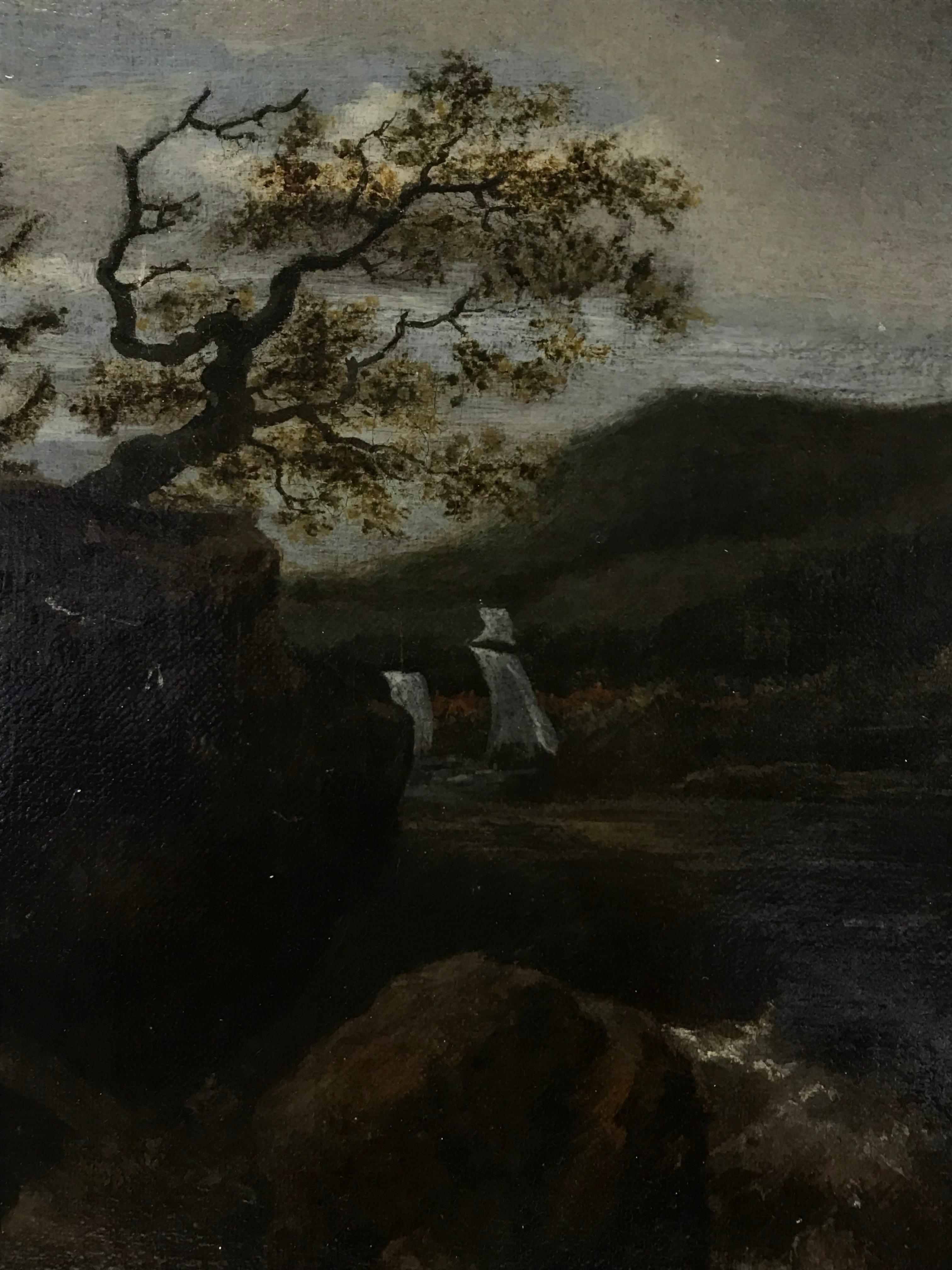 Belle peinture baroque italienne du 17ème siècle représentant des chutes d'eau dans un paysage - Baroque Painting par circle of Salvator Rosa