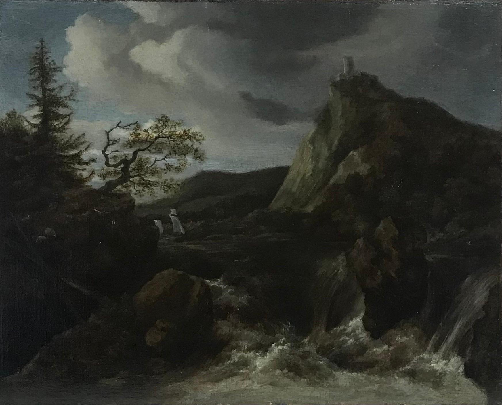 circle of Salvator Rosa Landscape Painting – Schönes italienisches Barockgemälde Alter Meister des 17. Jahrhunderts, Wasserfälle in Landschaft