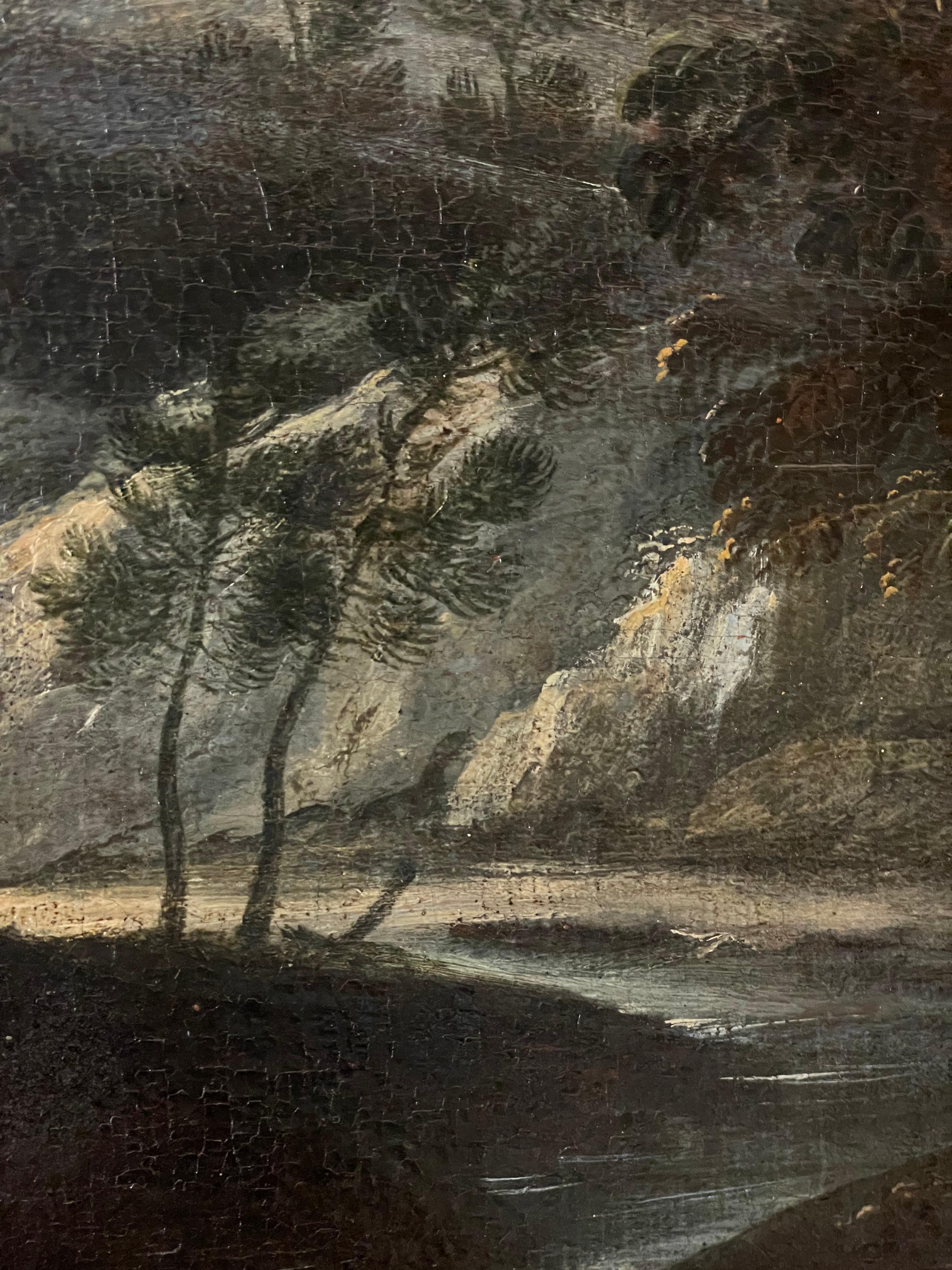 Figures in Classical Landscape
Italian School, 17th century
circle of Salvator Rosa (Italian 1615-1673)
oil painting on canvas: 34 x 58 inches
framed: 38 x 62 inches
condition: relined, restored to a high standard, very presentable condition, as is