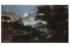 Huge 17th Century Italian Old Master Oil Painting Classical Landscape Figures