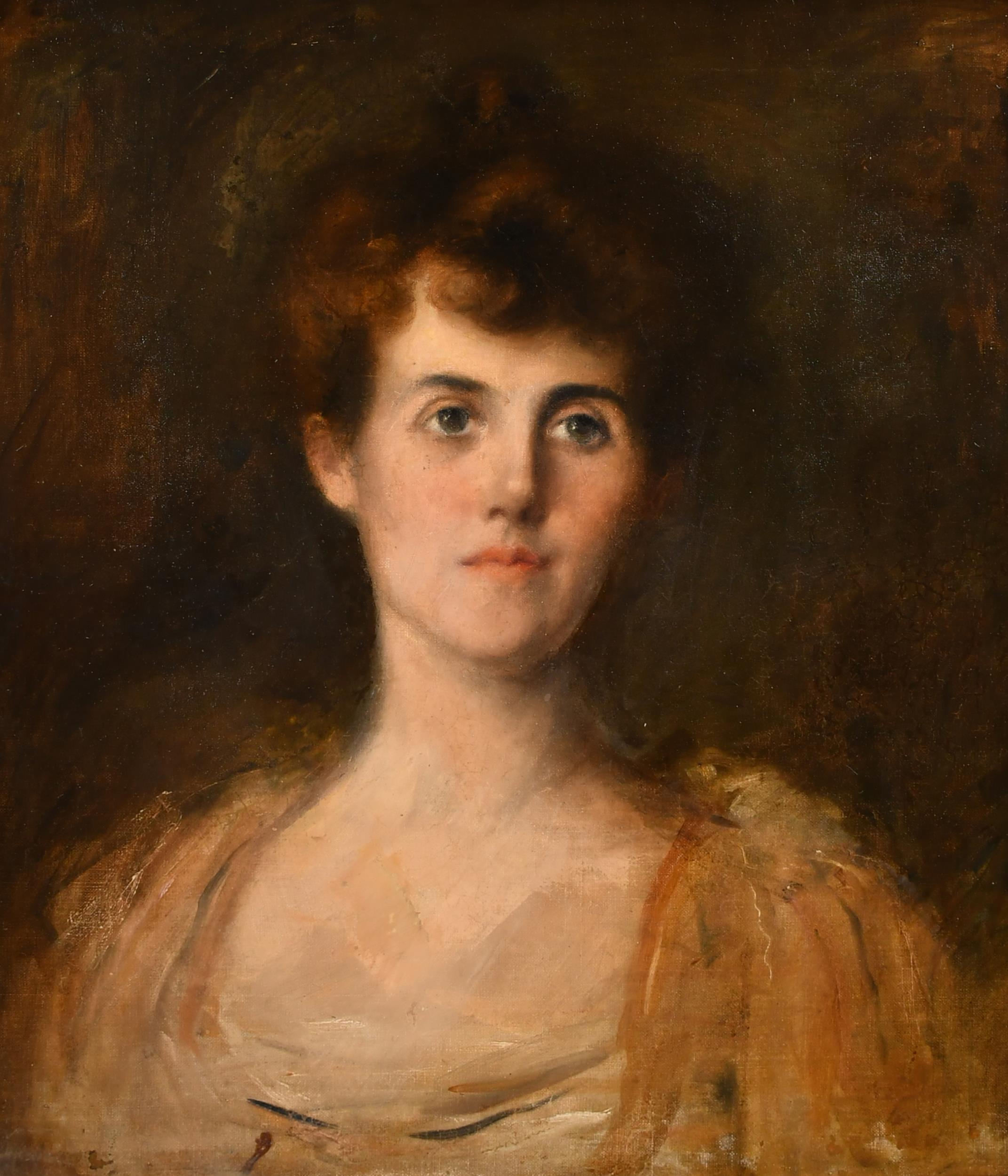 Fine Edwardian Portrait of a Lady 1900's British Oil Painting on Canvas - Brown Portrait Painting by Circle of Samuel Luke Fildes (1843-1927)