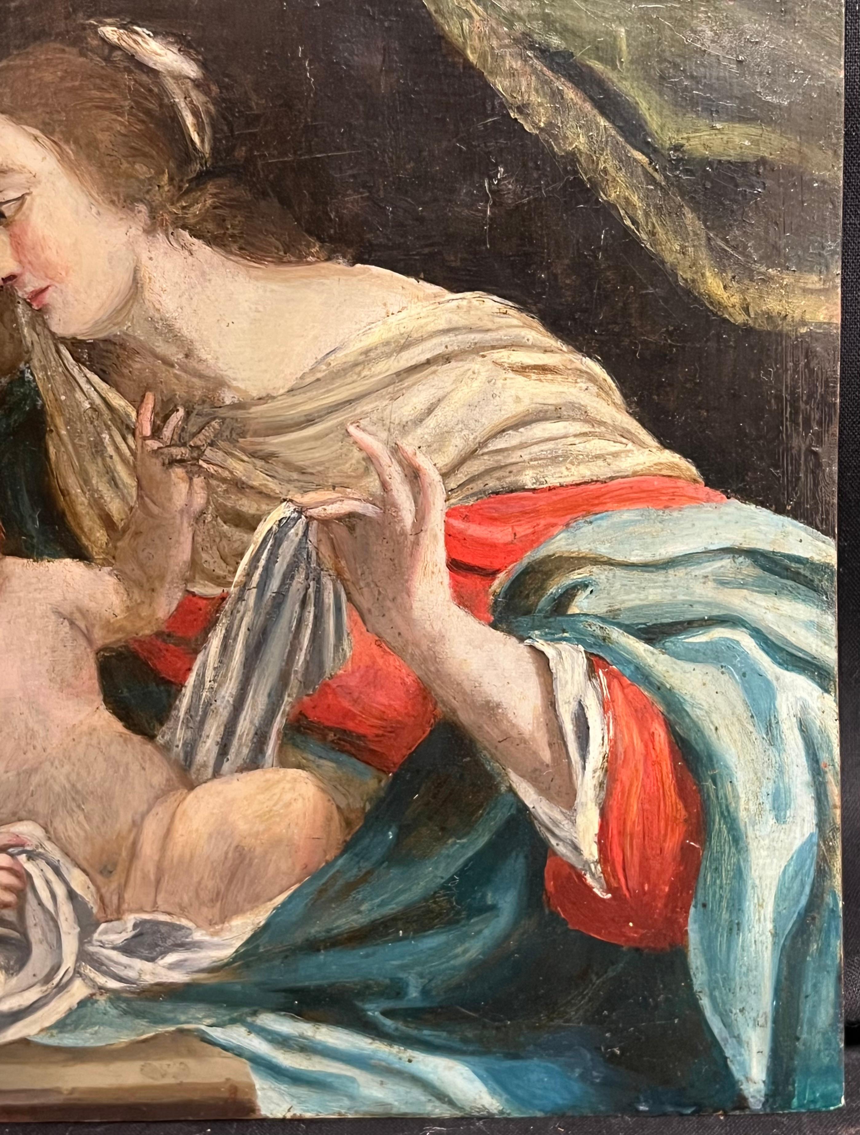 Pregevole olio su rame di French Old Master del XVII secolo: La Madonna & Child - Figurative Painting Nero di circle of Simon Vouet