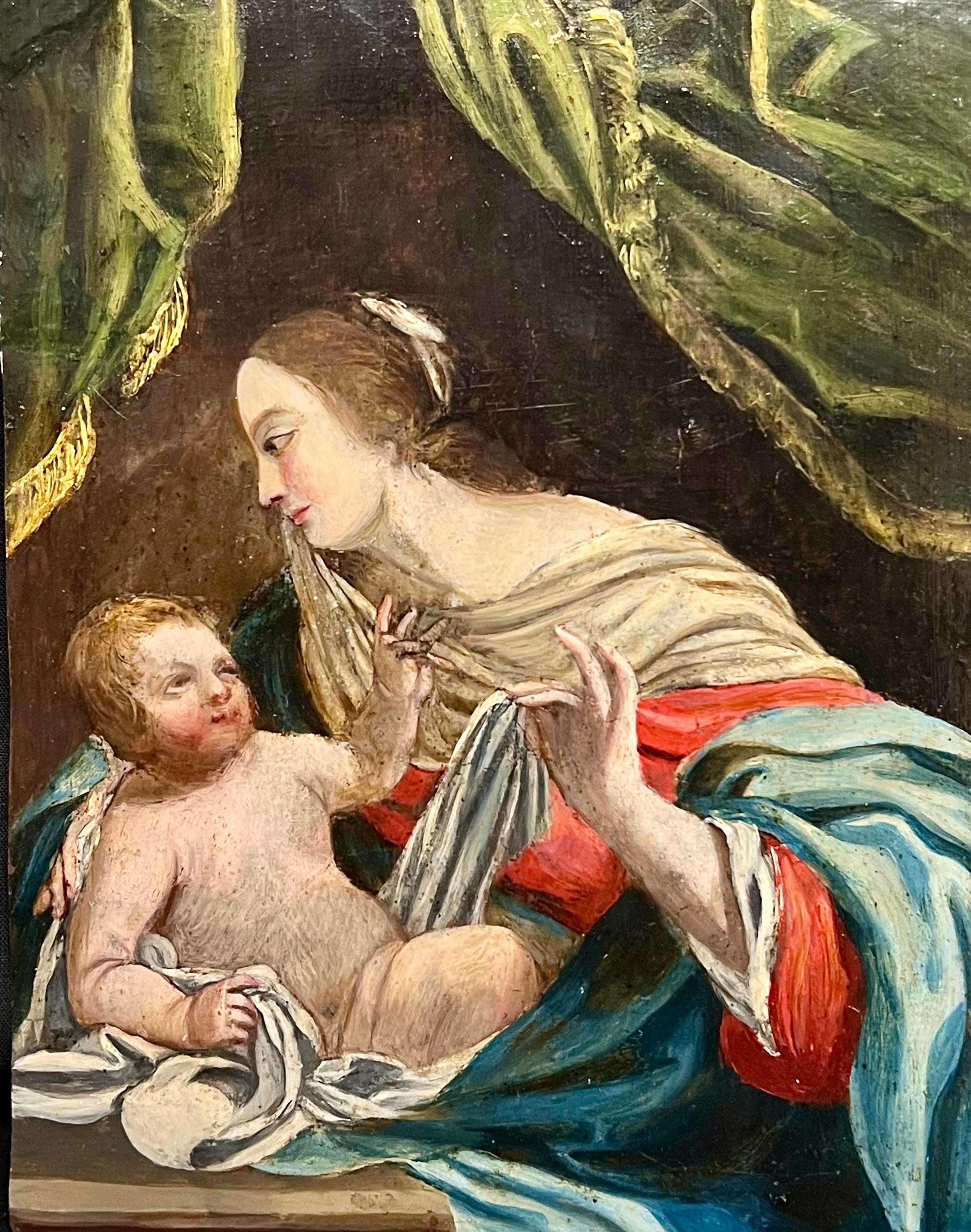 Figurative Painting di circle of Simon Vouet - Pregevole olio su rame di French Old Master del XVII secolo: La Madonna & Child